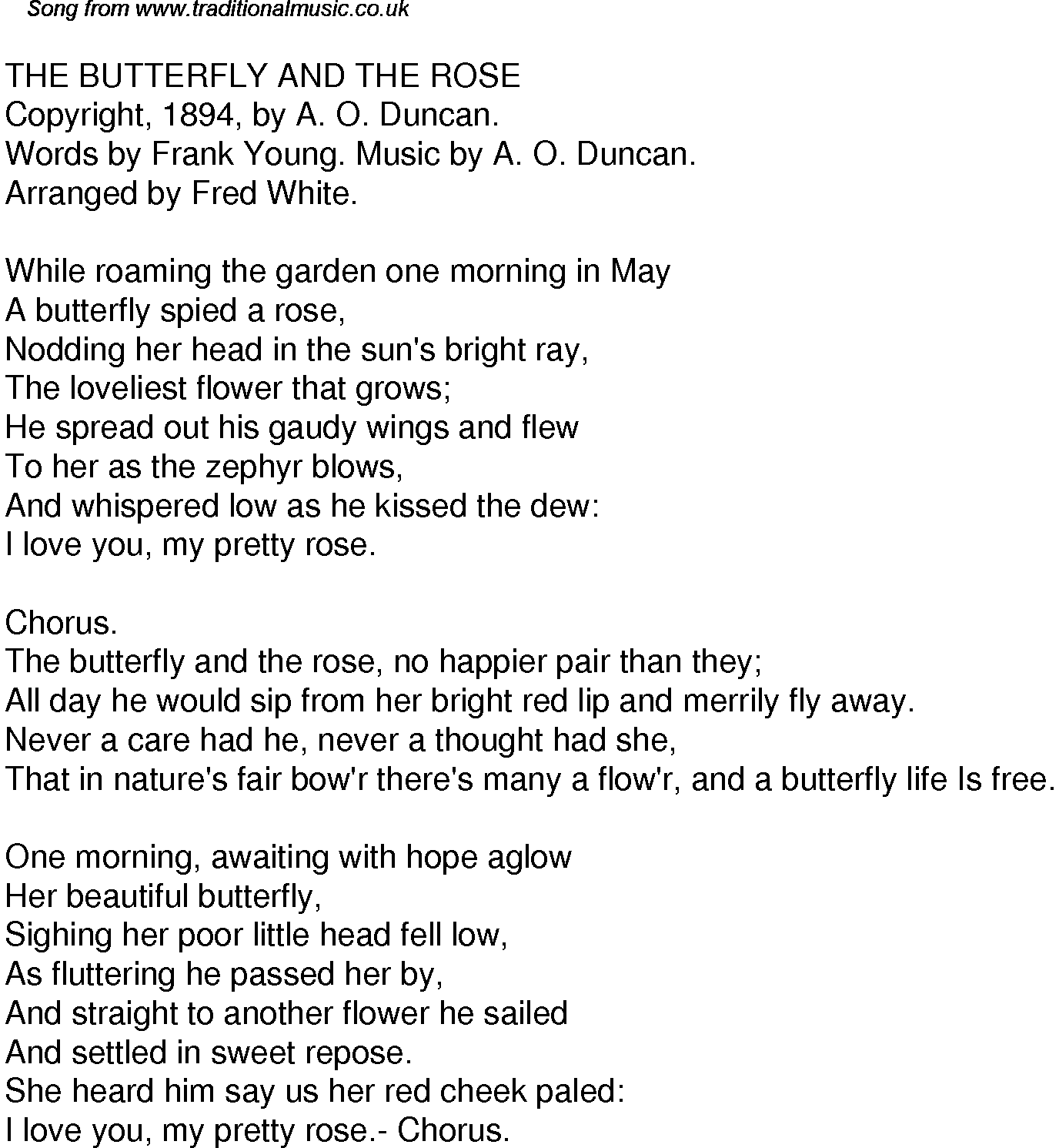 old time song lyrics for 45 the butterfly and the rose
