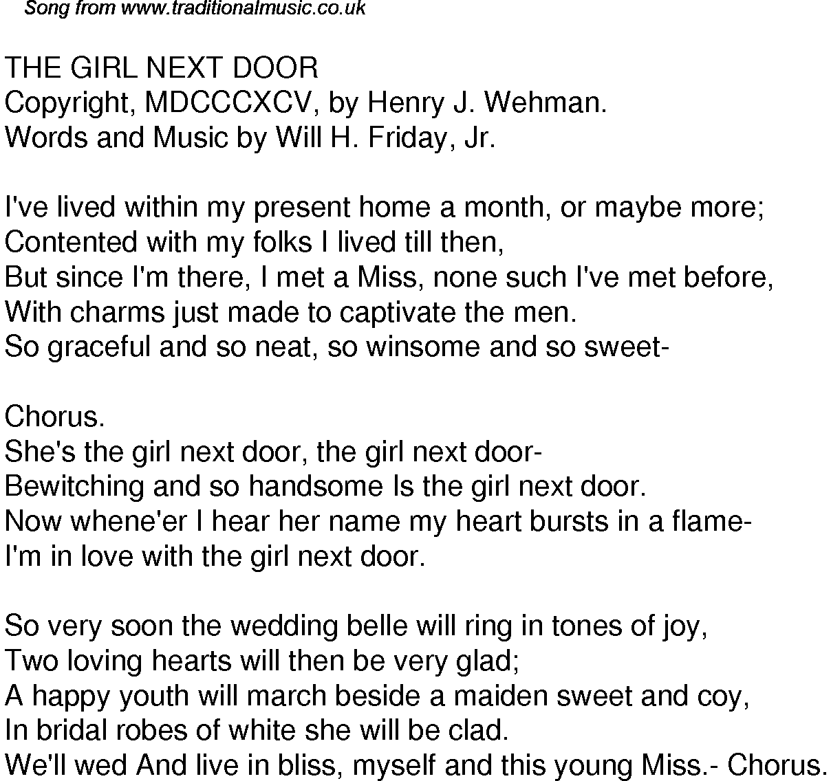 Old Time Song Lyrics For 49 The Girl Next Door