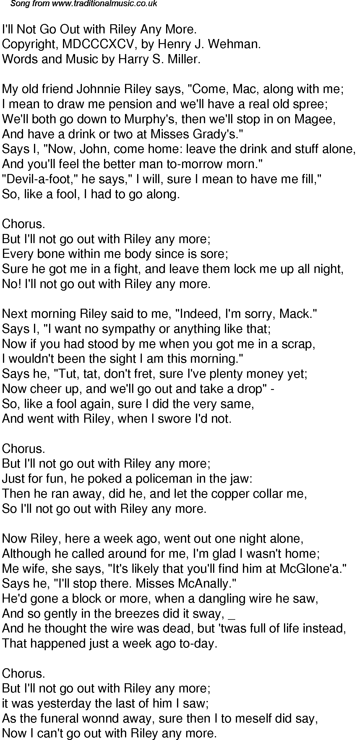 The Words Go Riley Old Time Song Lyrics for 51 I'll Not Go Out With Riley Any More