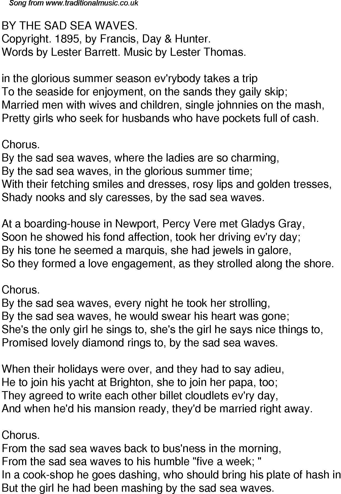 Old Time Song Lyrics for 24 By The Sad Sea Waves