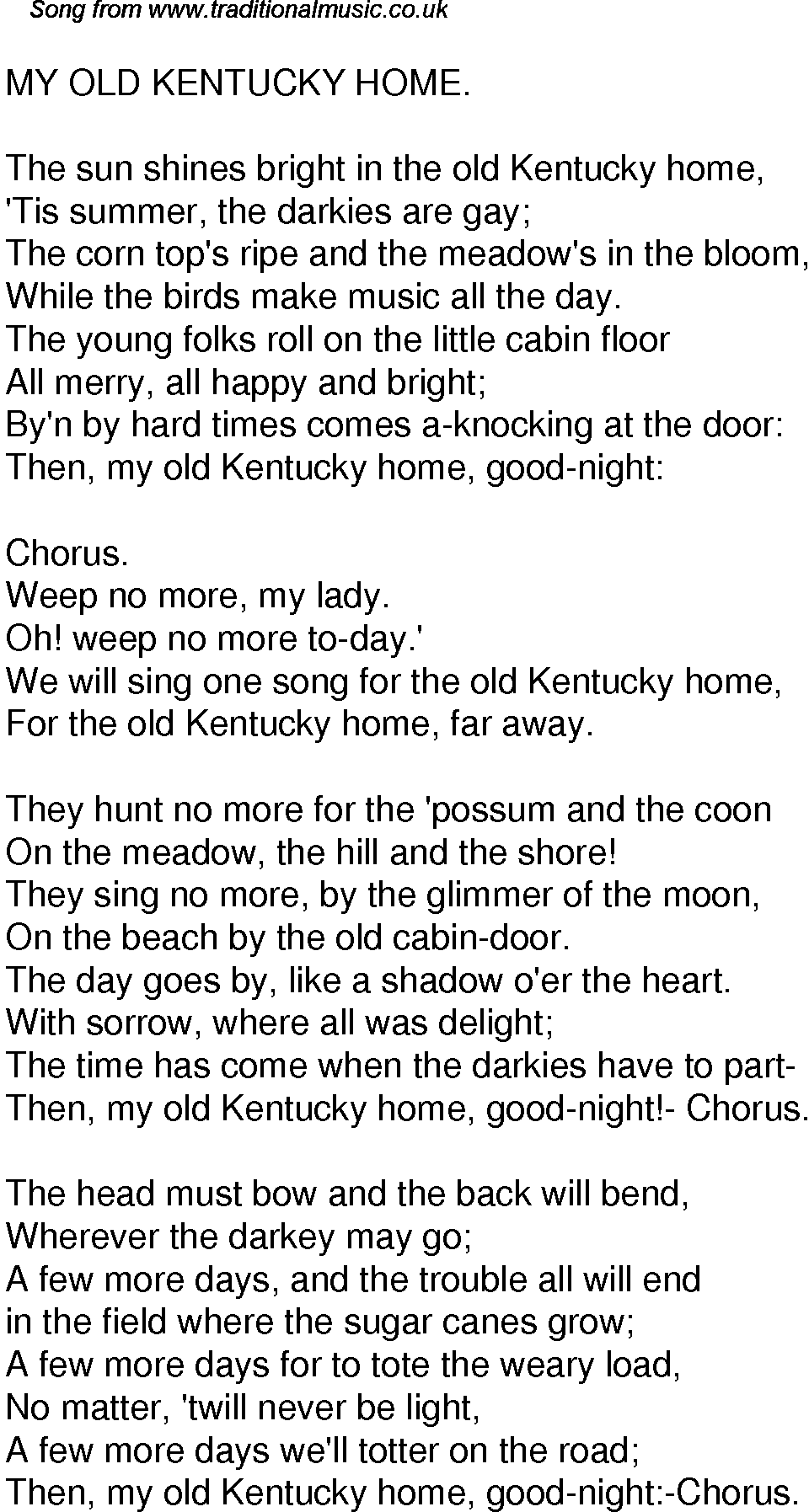 Old Time Song Lyrics For 59 My Old Kentucky Home 