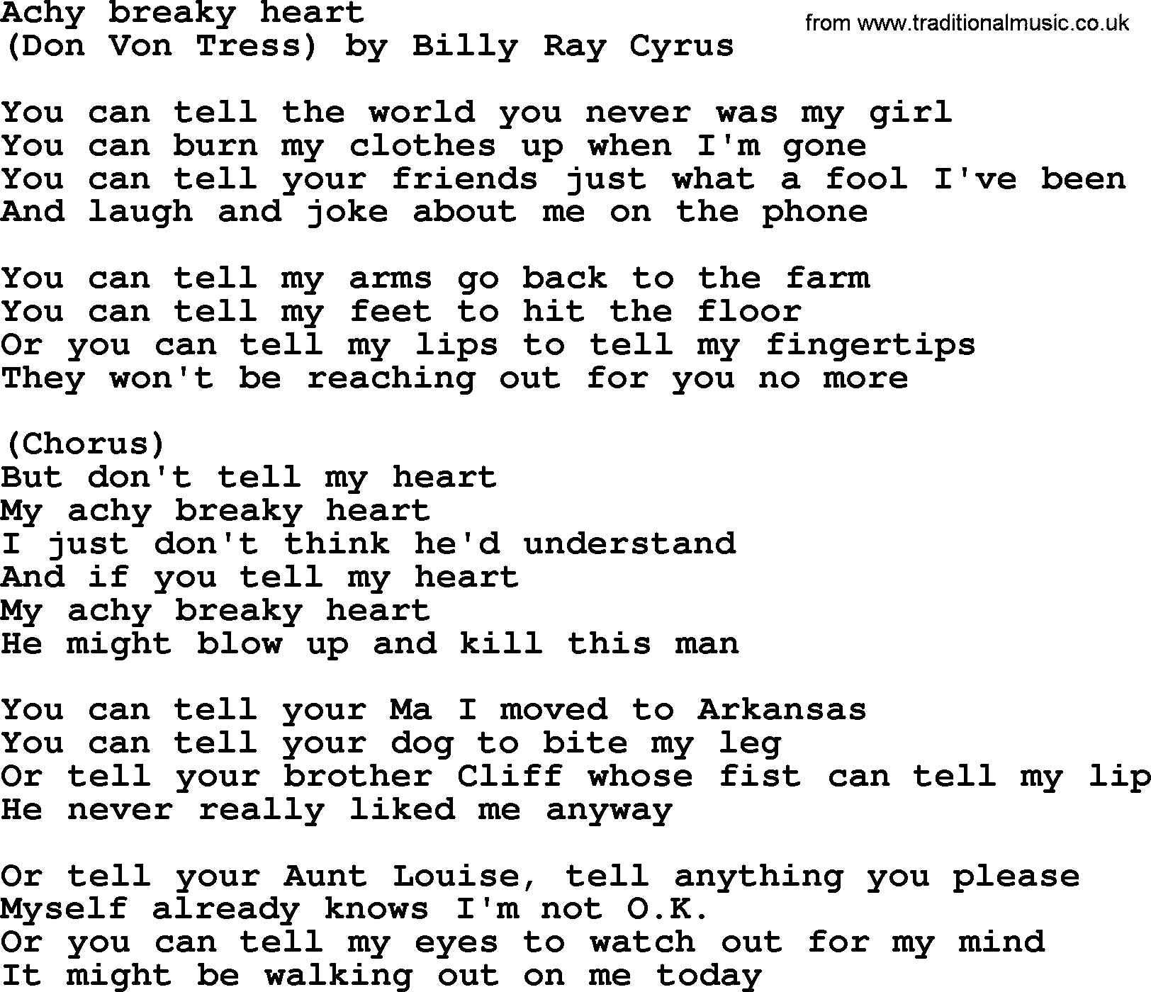 Bruce Springsteen song: Achy Breaky Heart lyrics