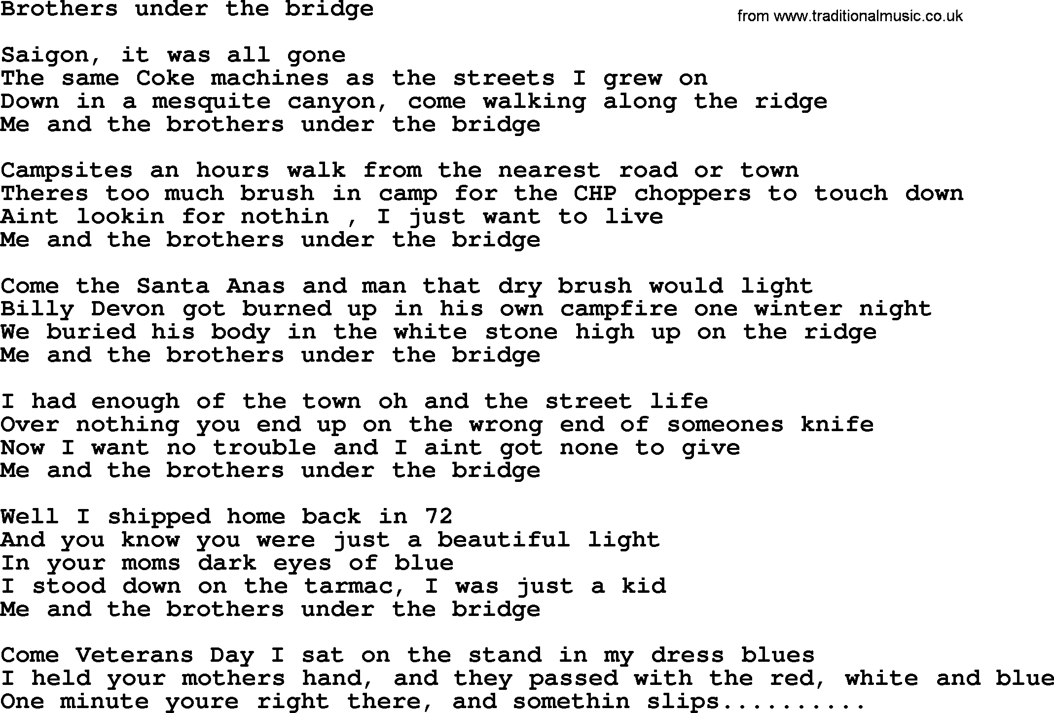 Bruce Springsteen song: Brothers Under The Bridge lyrics