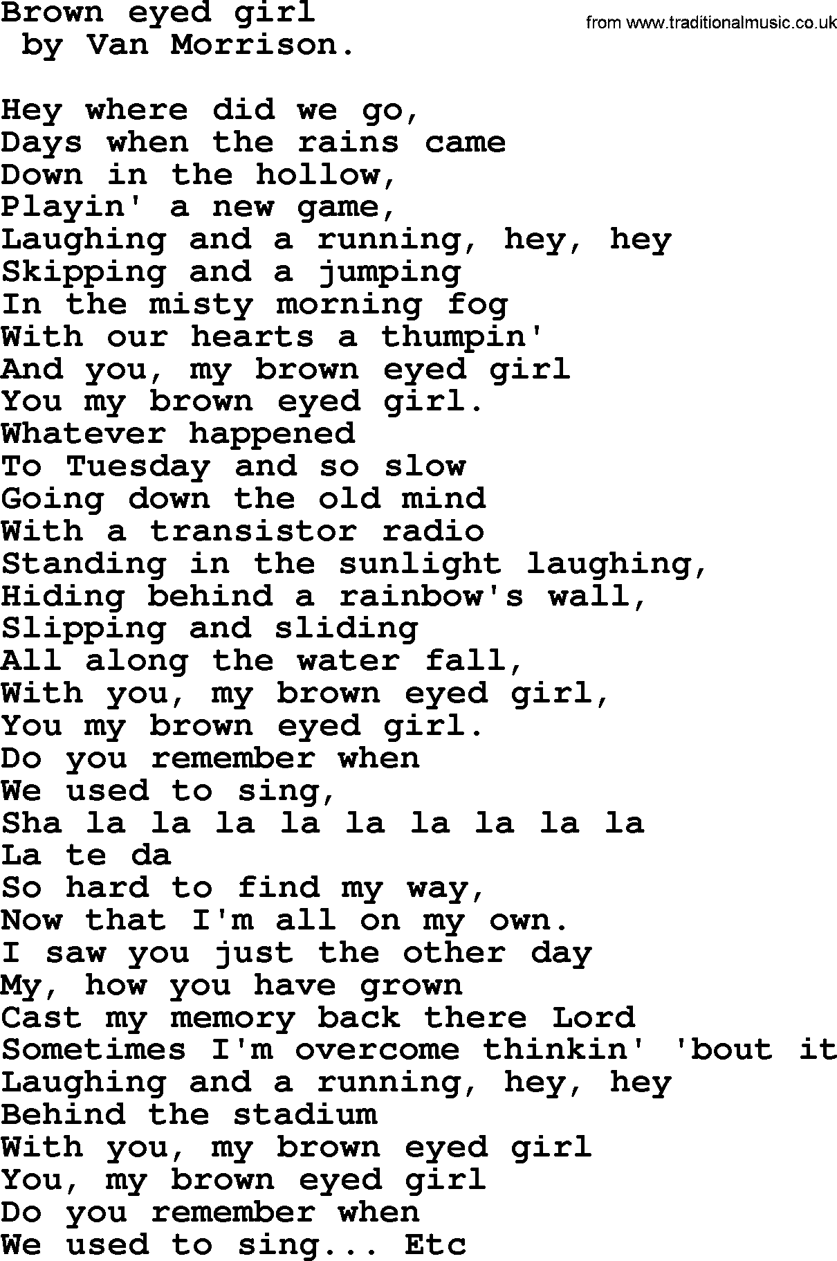 Bruce Springsteen song: Brown Eyed Girl lyrics