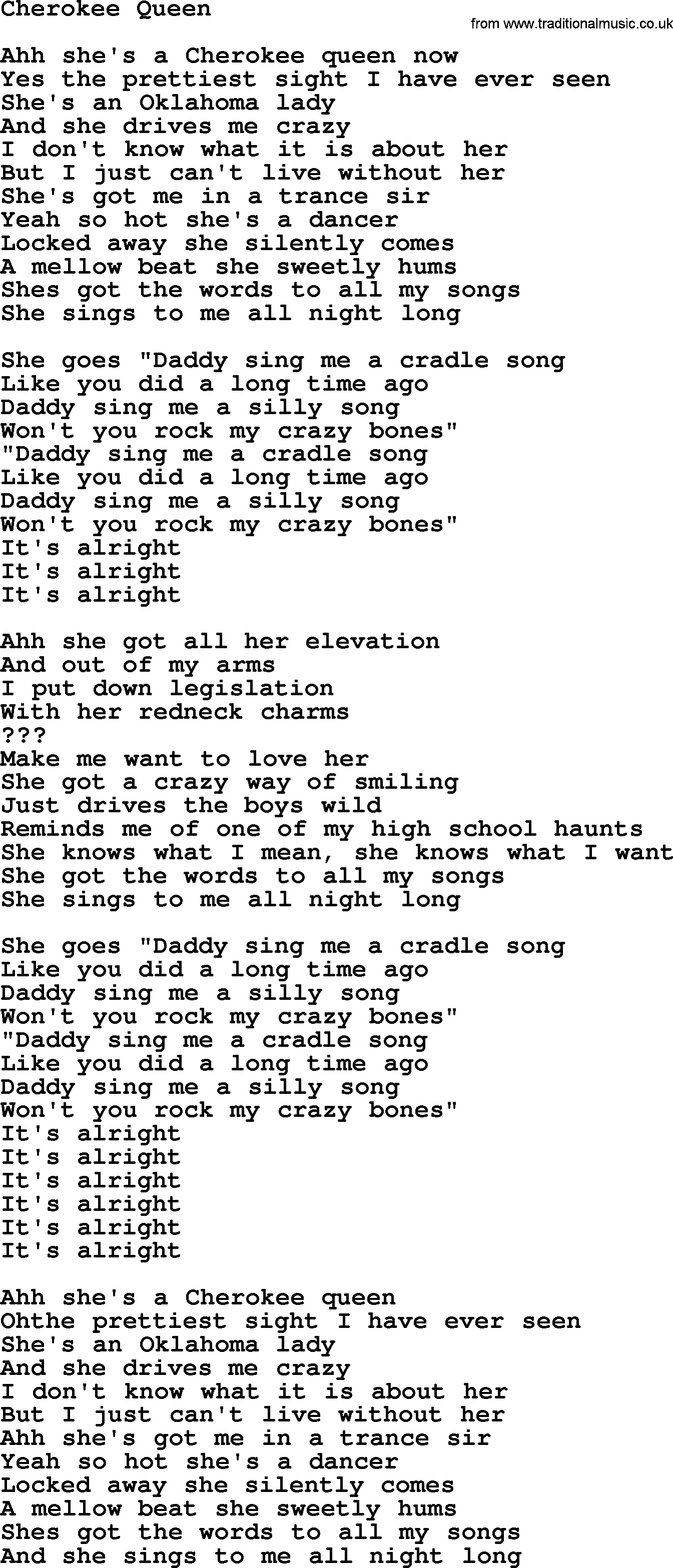 Bruce Springsteen song: Cherokee Queen lyrics