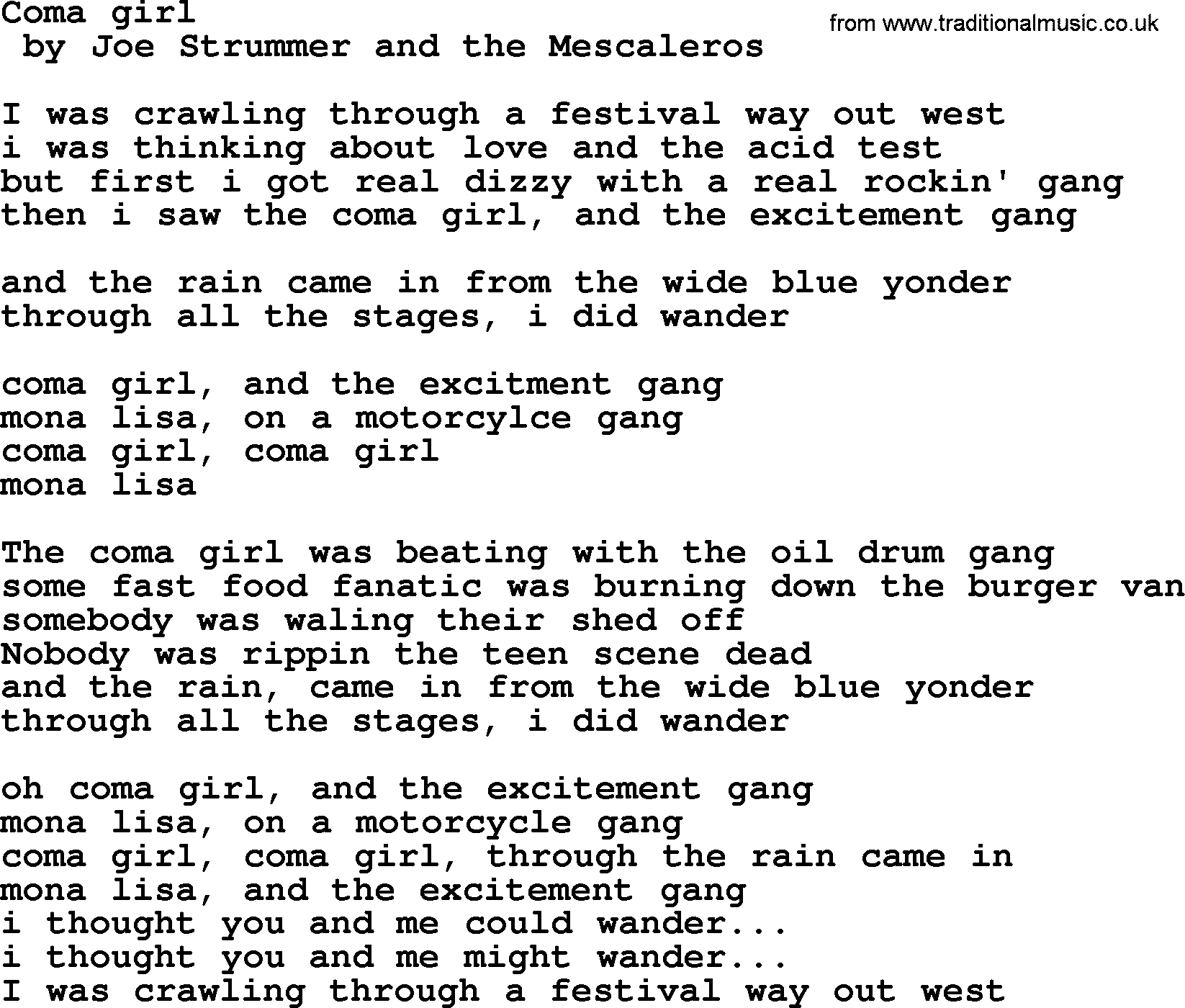 Bruce Springsteen song: Coma Girl, lyrics