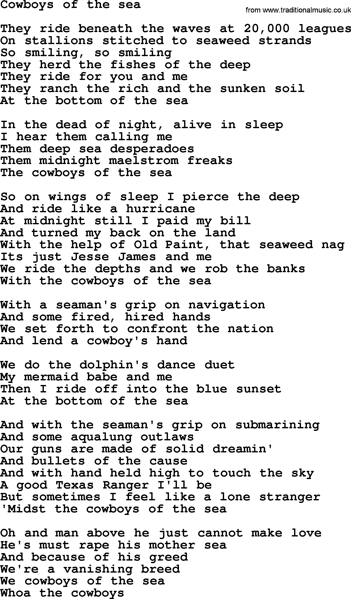 Bruce Springsteen song: Cowboys Of The Sea lyrics