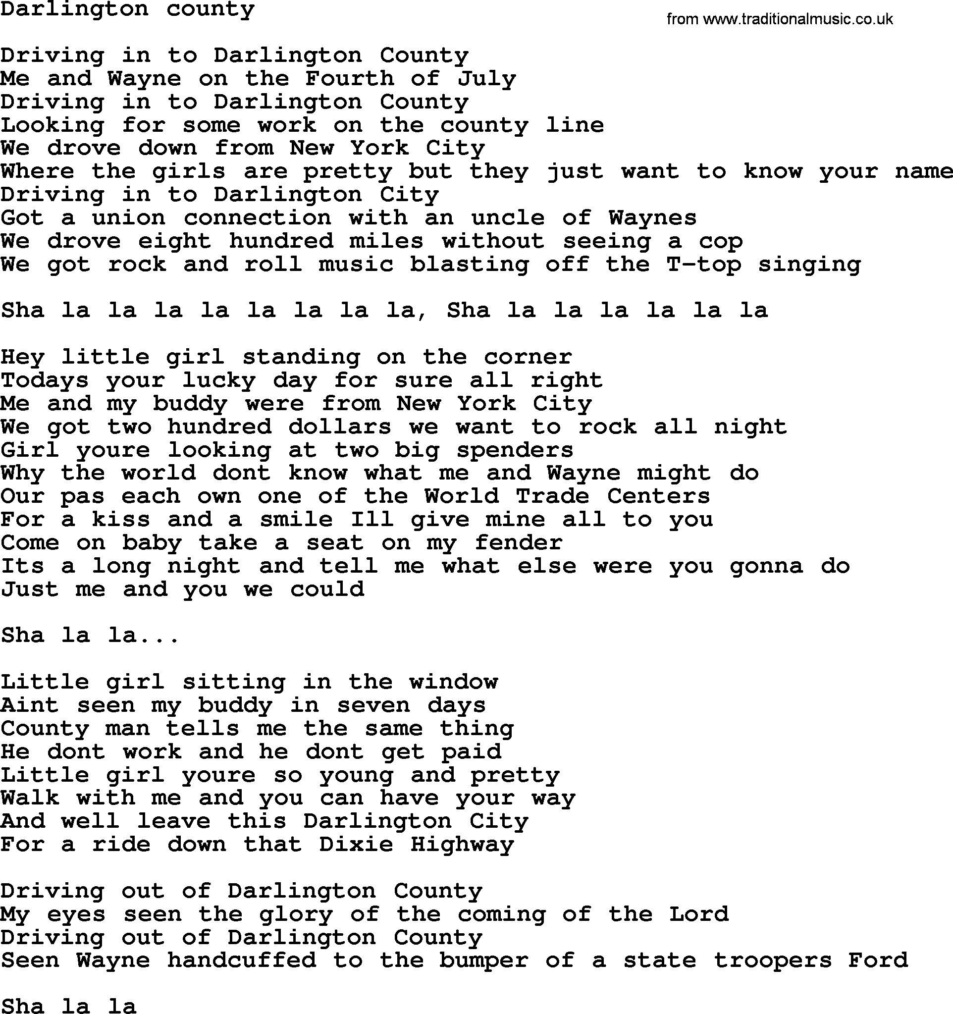 Bruce Springsteen song: Darlington County lyrics