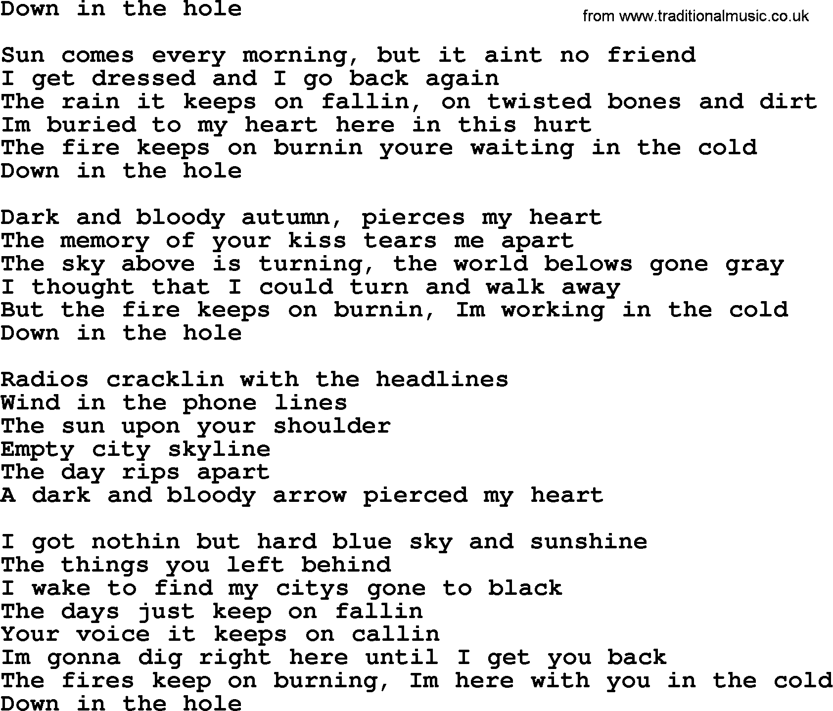 Bruce Springsteen song: Down In The Hole lyrics