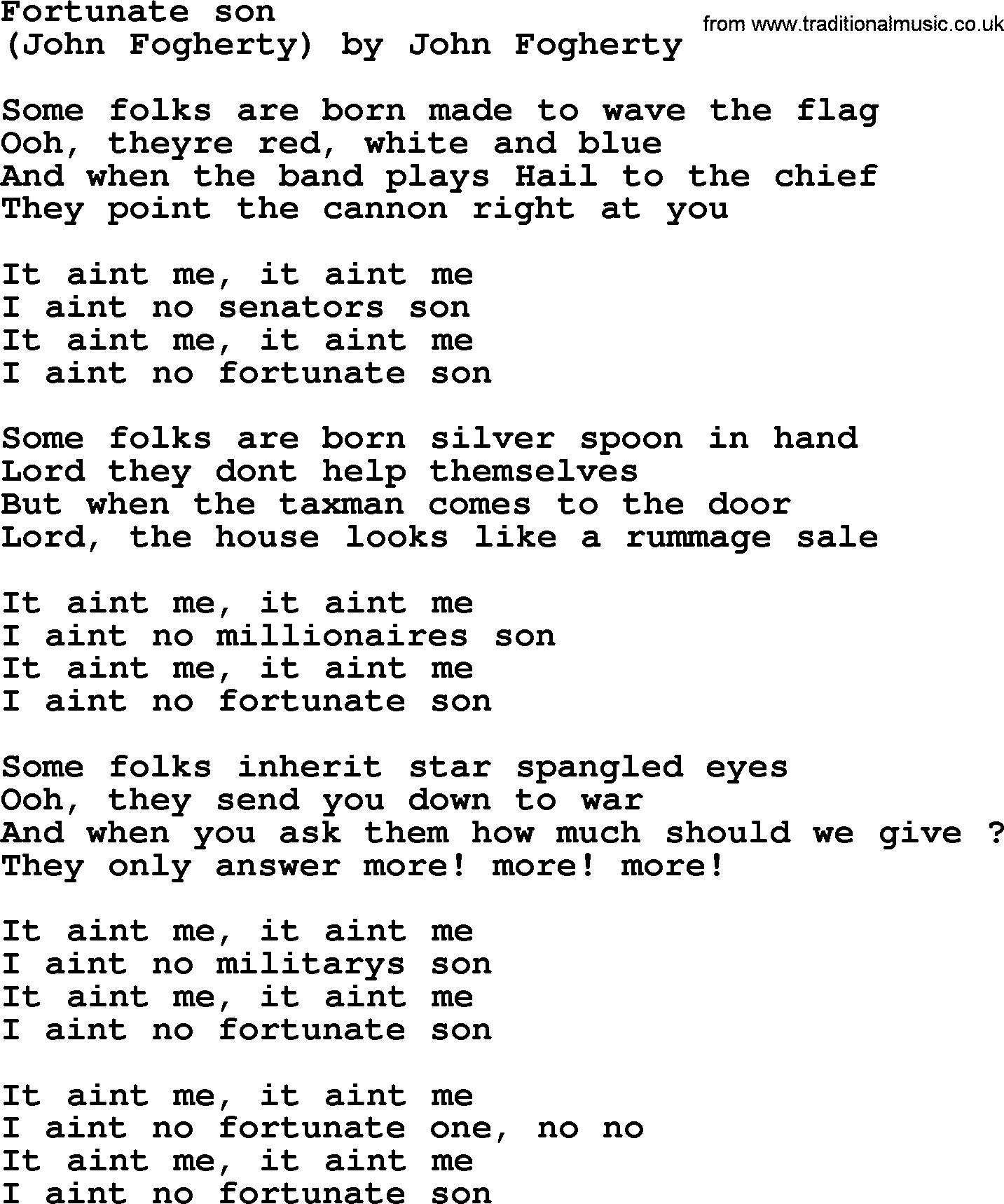 Bruce Springsteen song: Fortunate Son lyrics