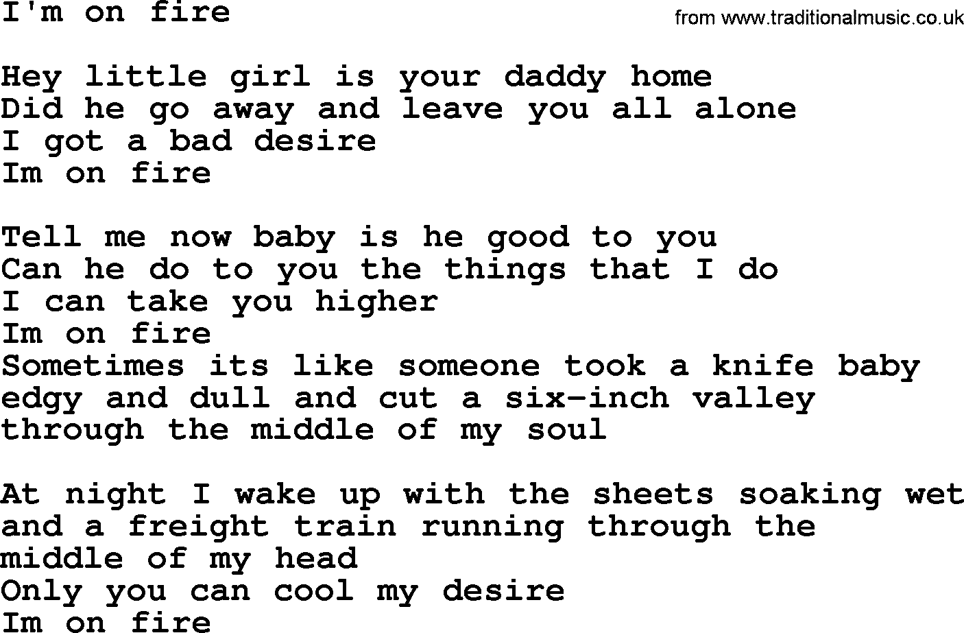 Bruce Springsteen song: I'm On Fire lyrics