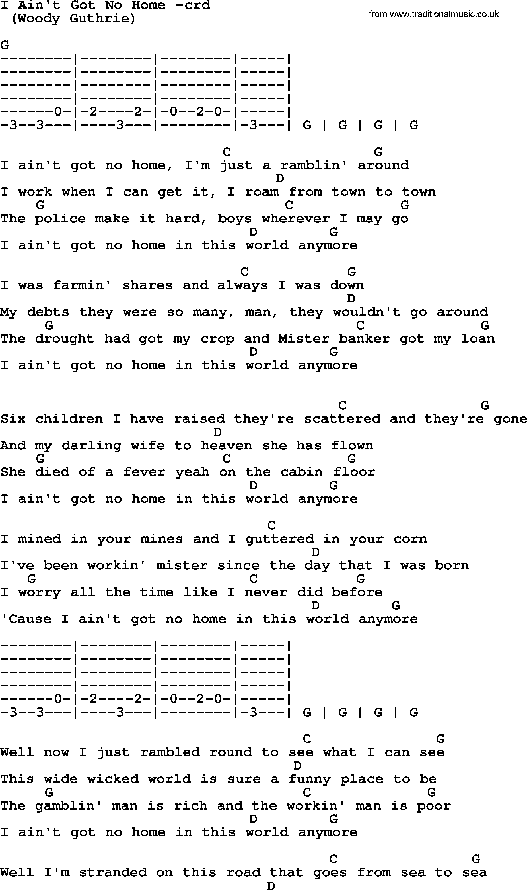 Bruce Springsteen song: I Ain't Got No Home , lyrics and chords