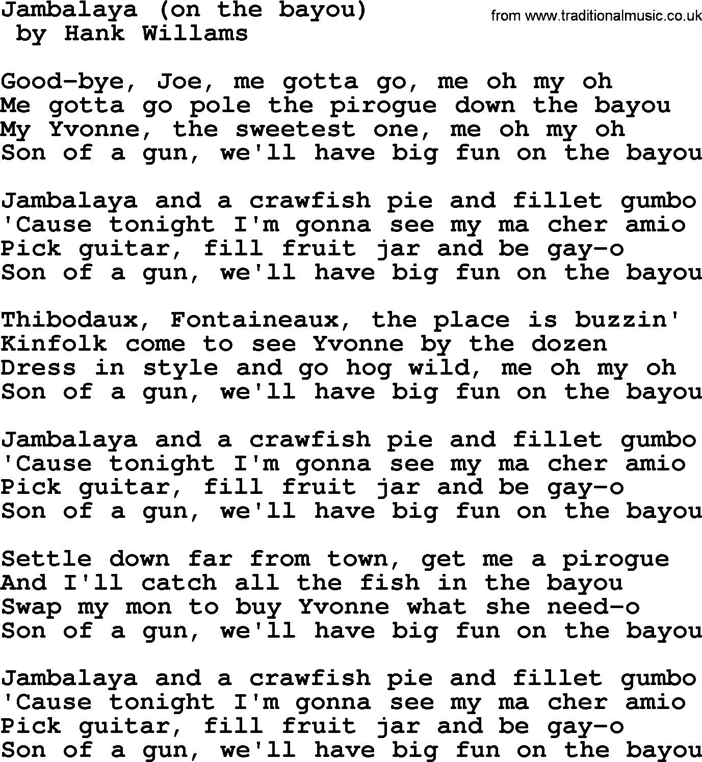 Bruce Springsteen song: Jambalaya(On The Bayou) lyrics