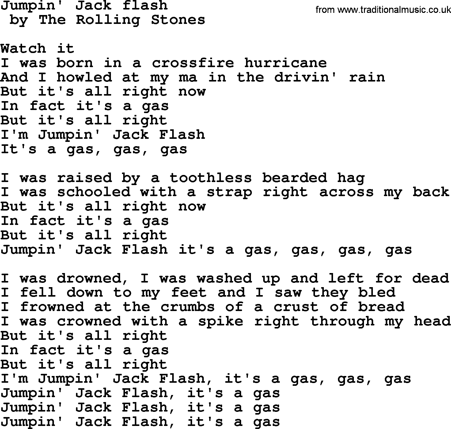 Bruce Springsteen song: Jumpin' Jack Flash lyrics