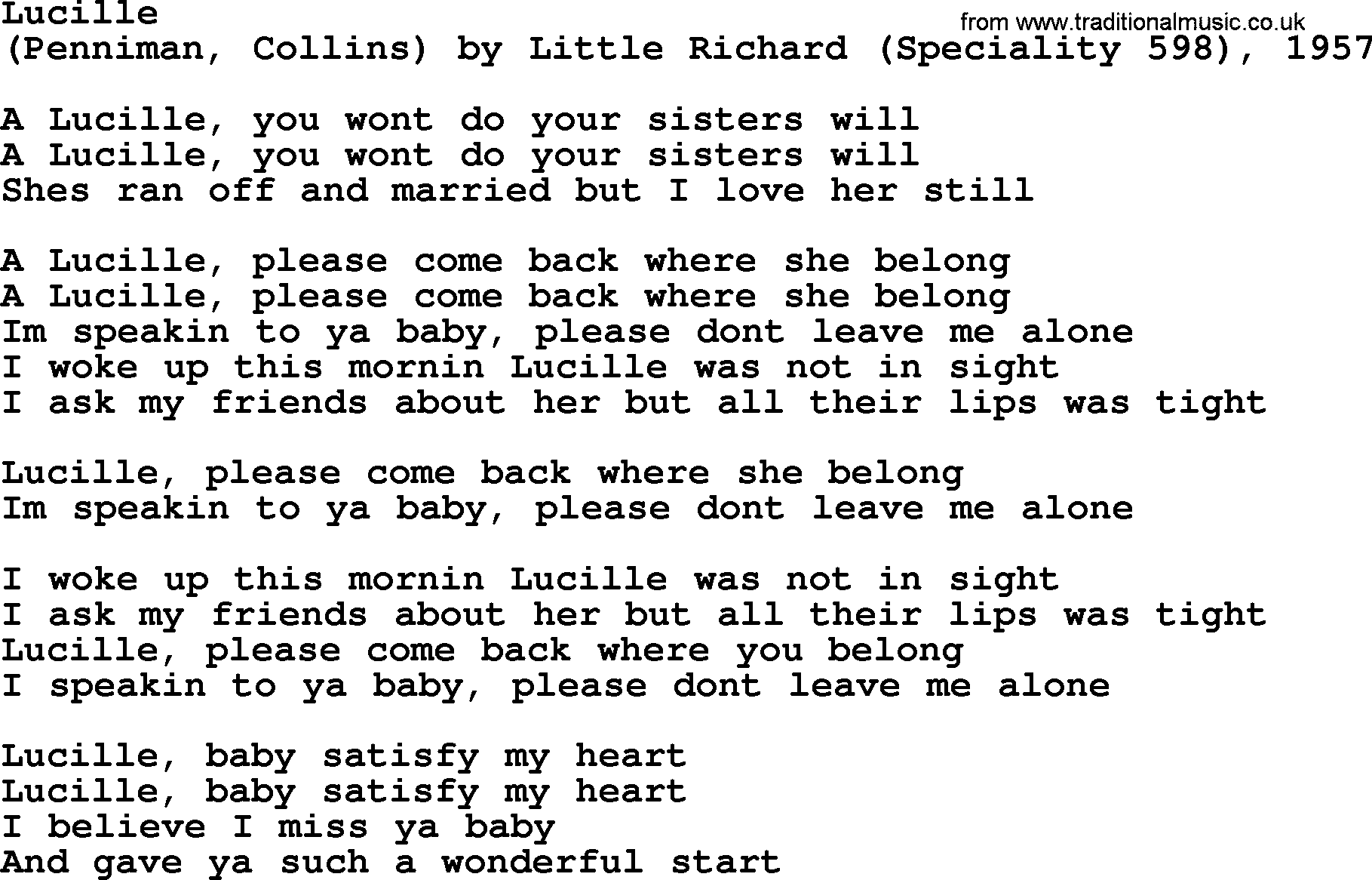 Bruce Springsteen song: Lucille lyrics