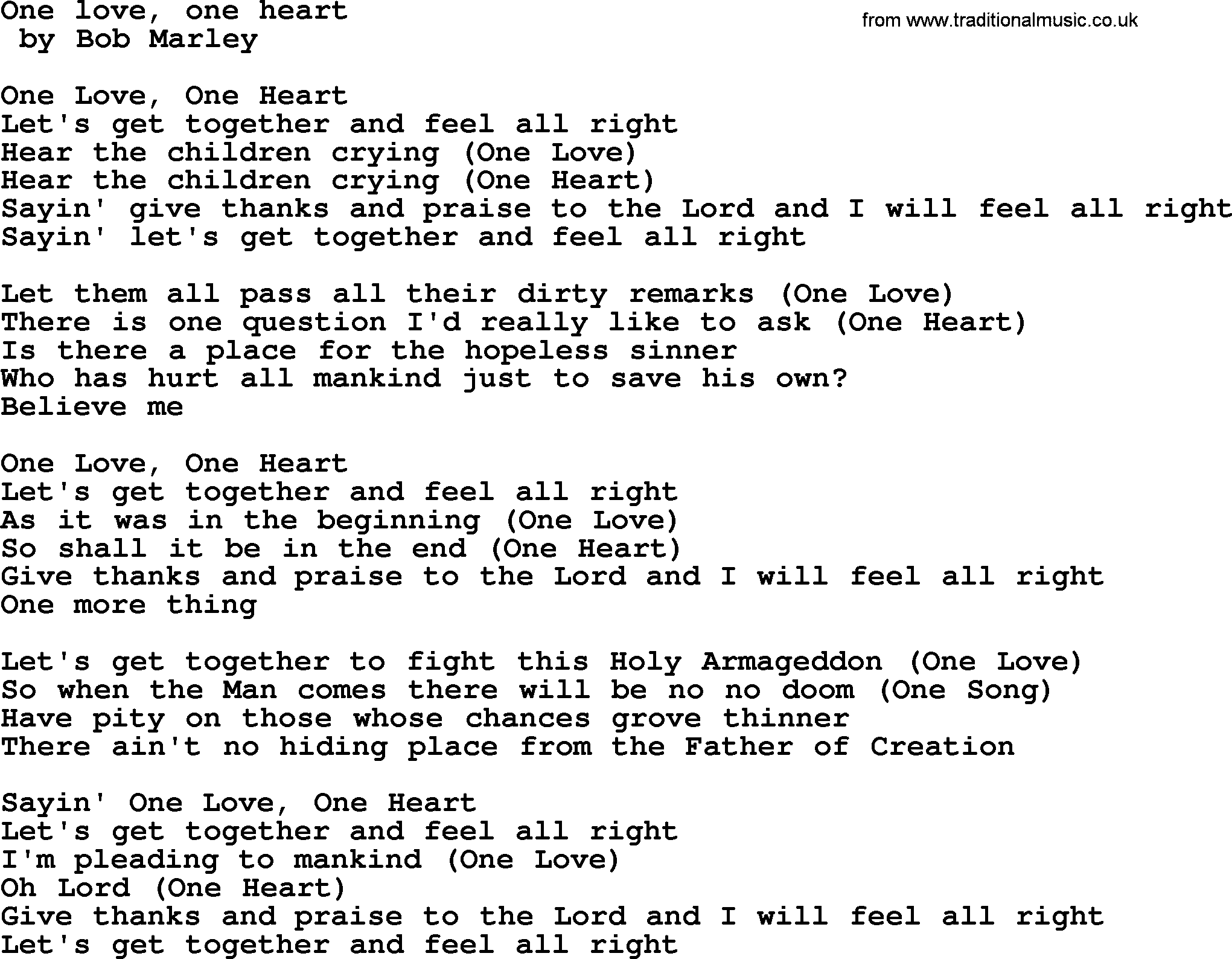 Bruce Springsteen song: One Love, One Heart lyrics
