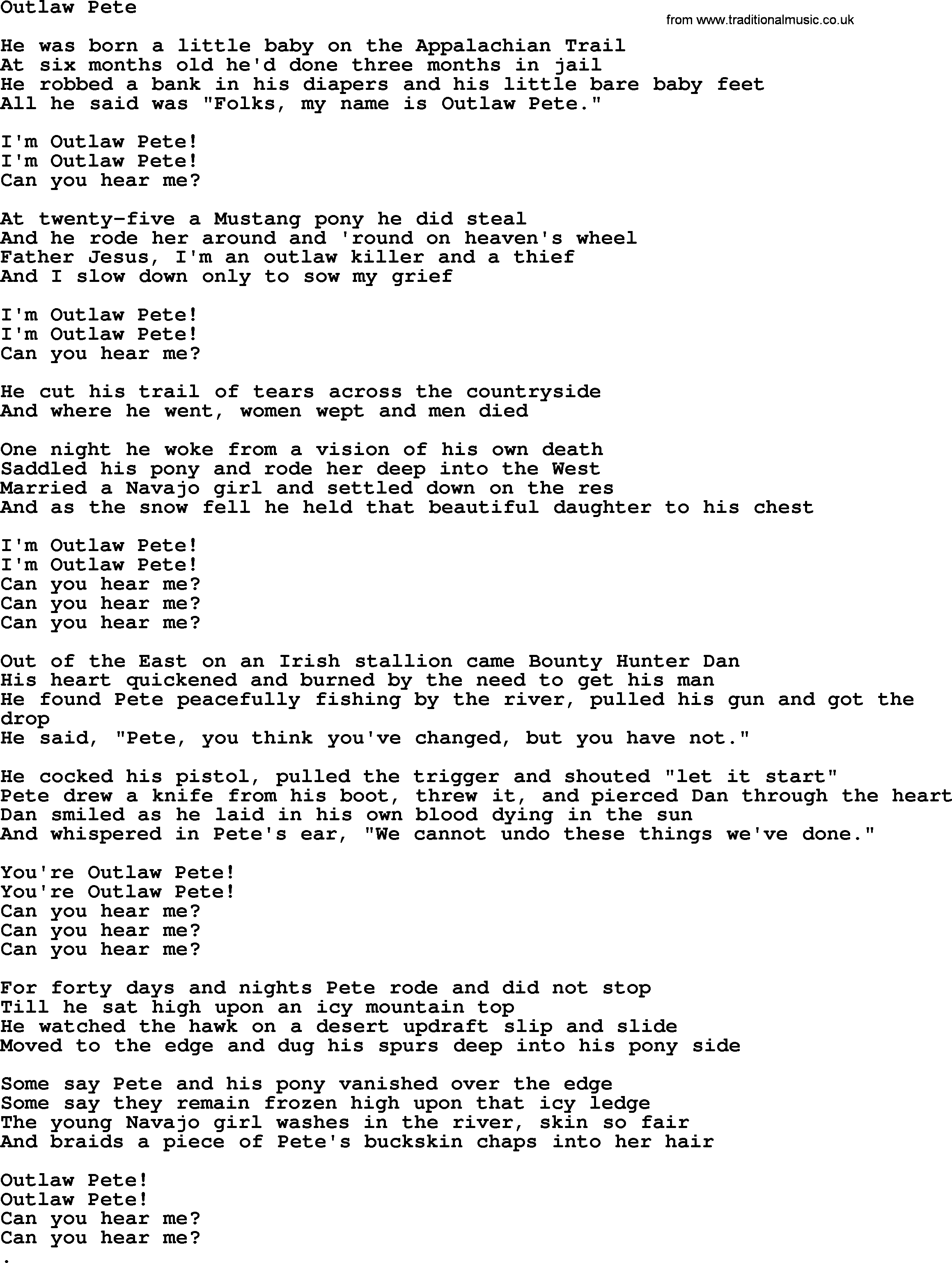 Bruce Springsteen song: Outlaw Pete lyrics