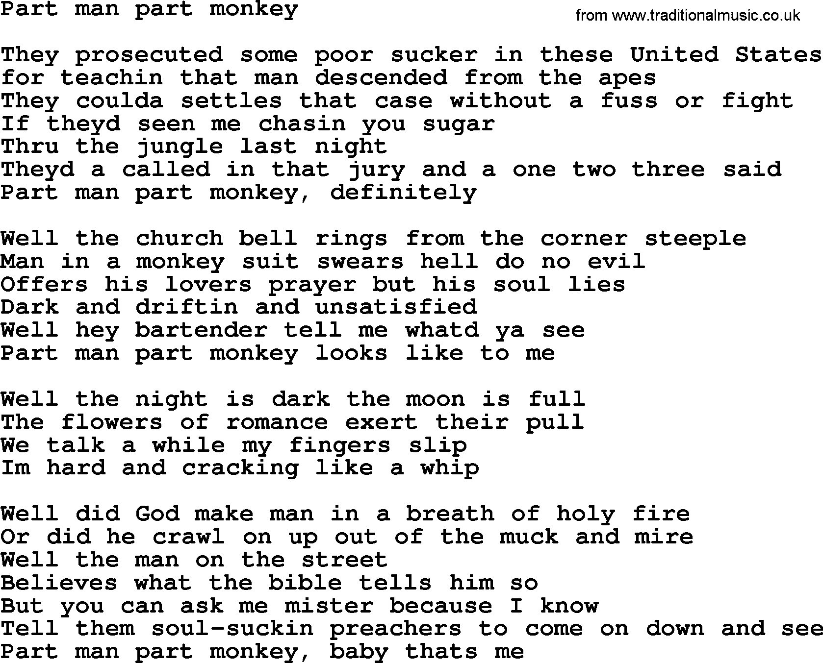 Bruce Springsteen song: Part Man Part Monkey lyrics