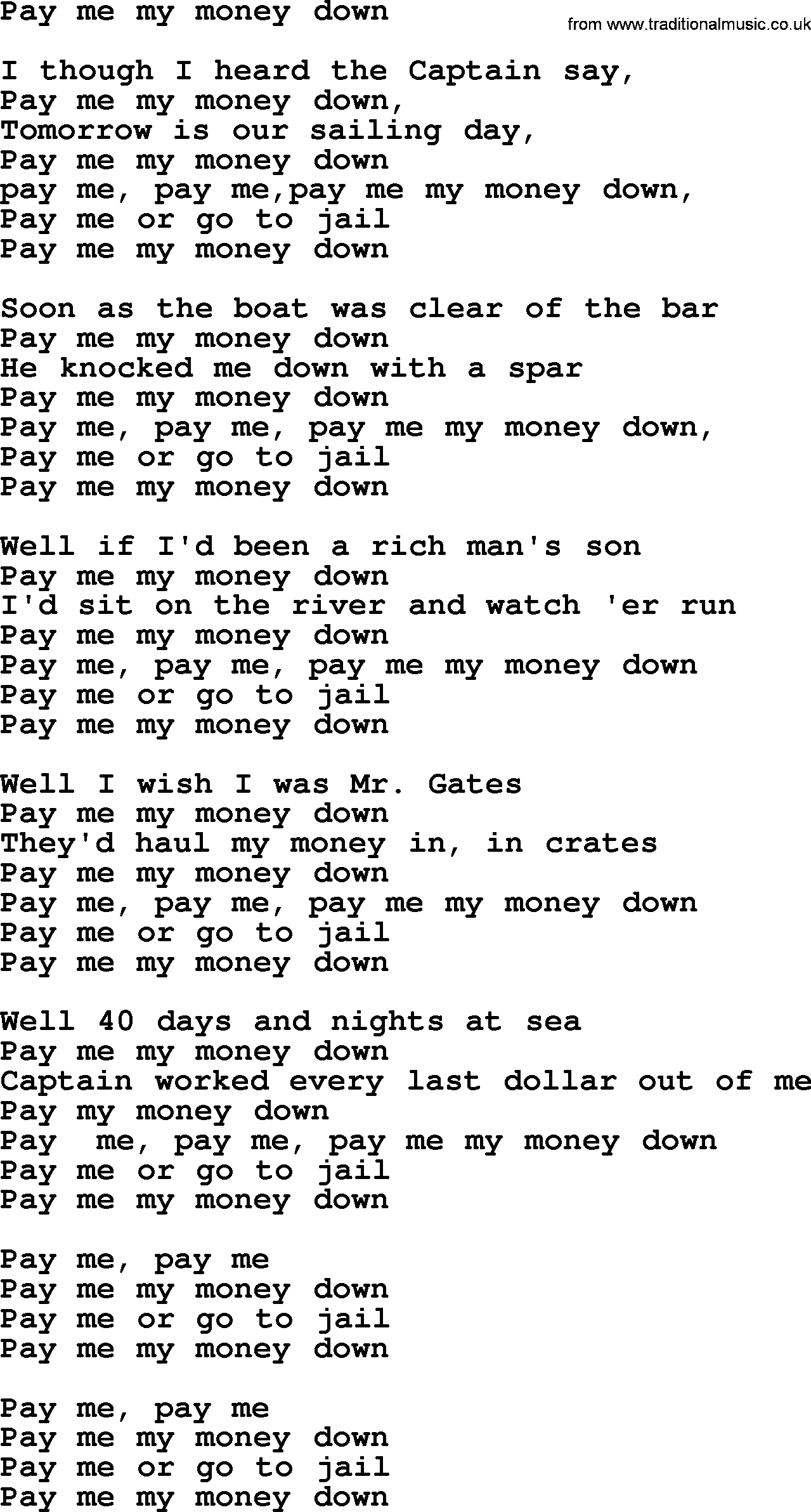 Bruce Springsteen song: Pay Me My Money Down lyrics