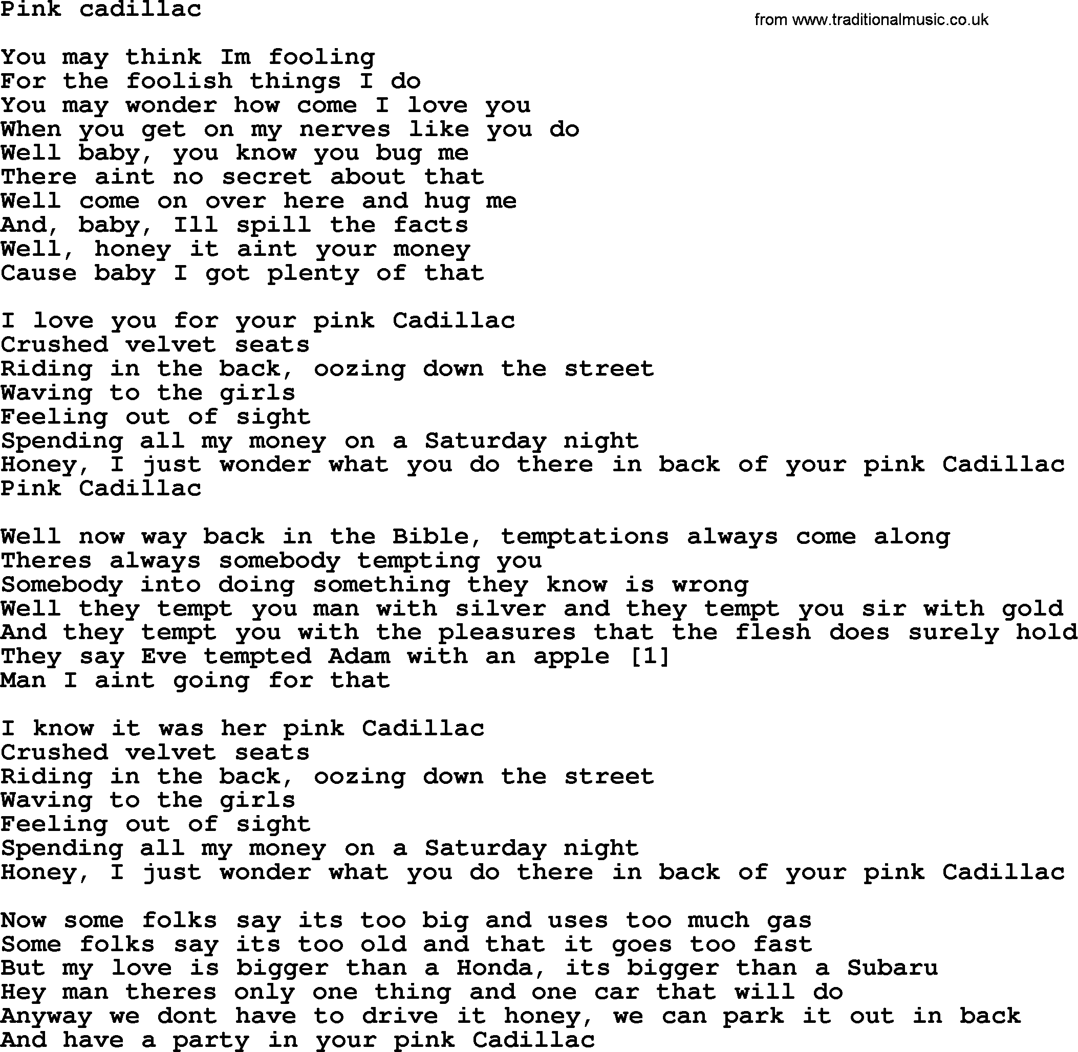 Bruce Springsteen song: Pink Cadillac lyrics