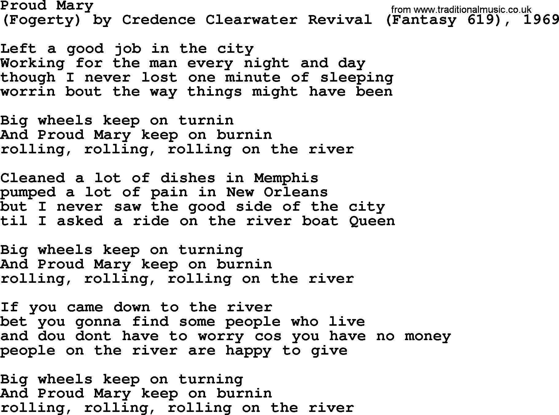 Bruce Springsteen song: Proud Mary lyrics