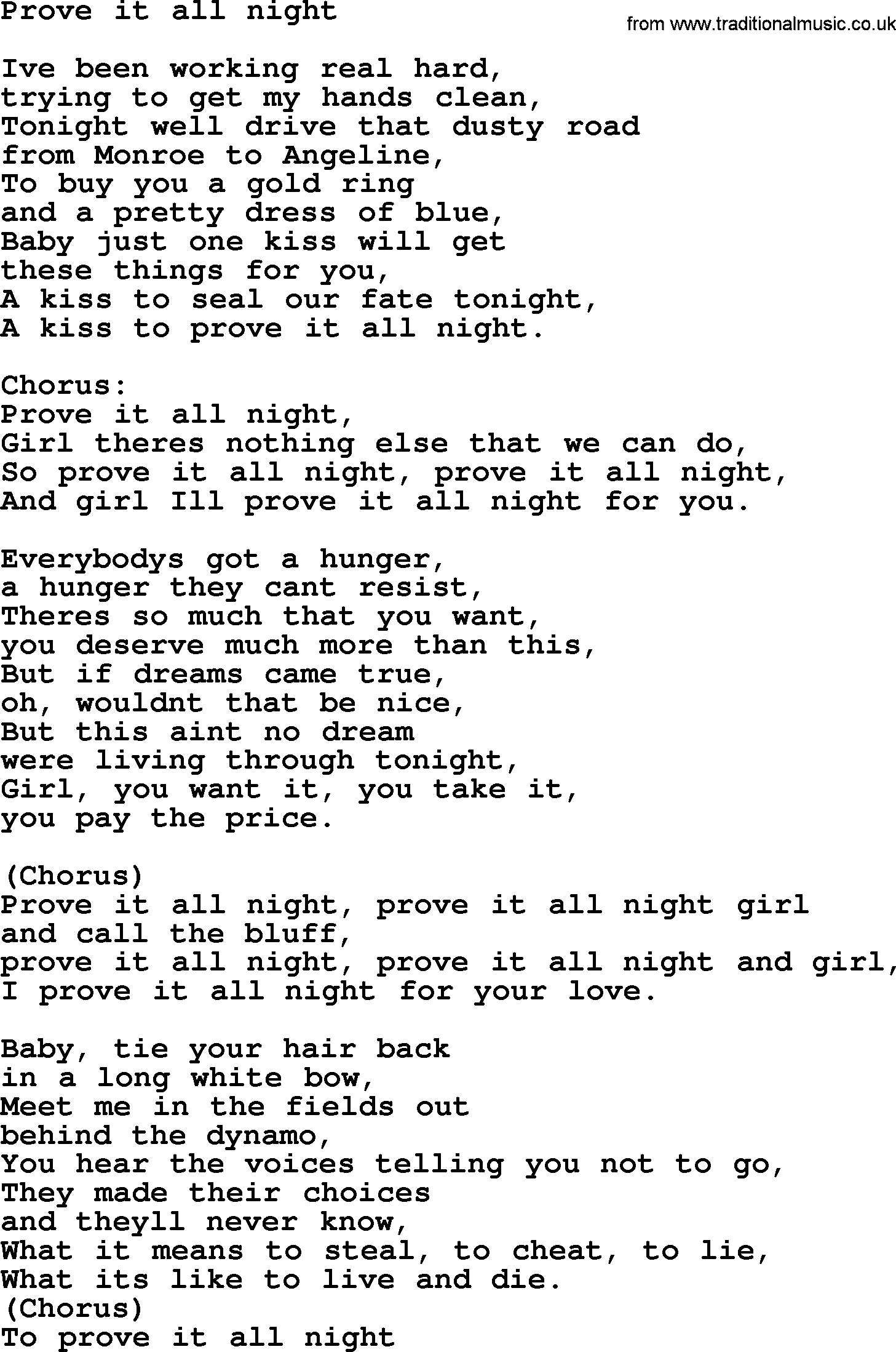 Bruce Springsteen song: Prove It All Night lyrics