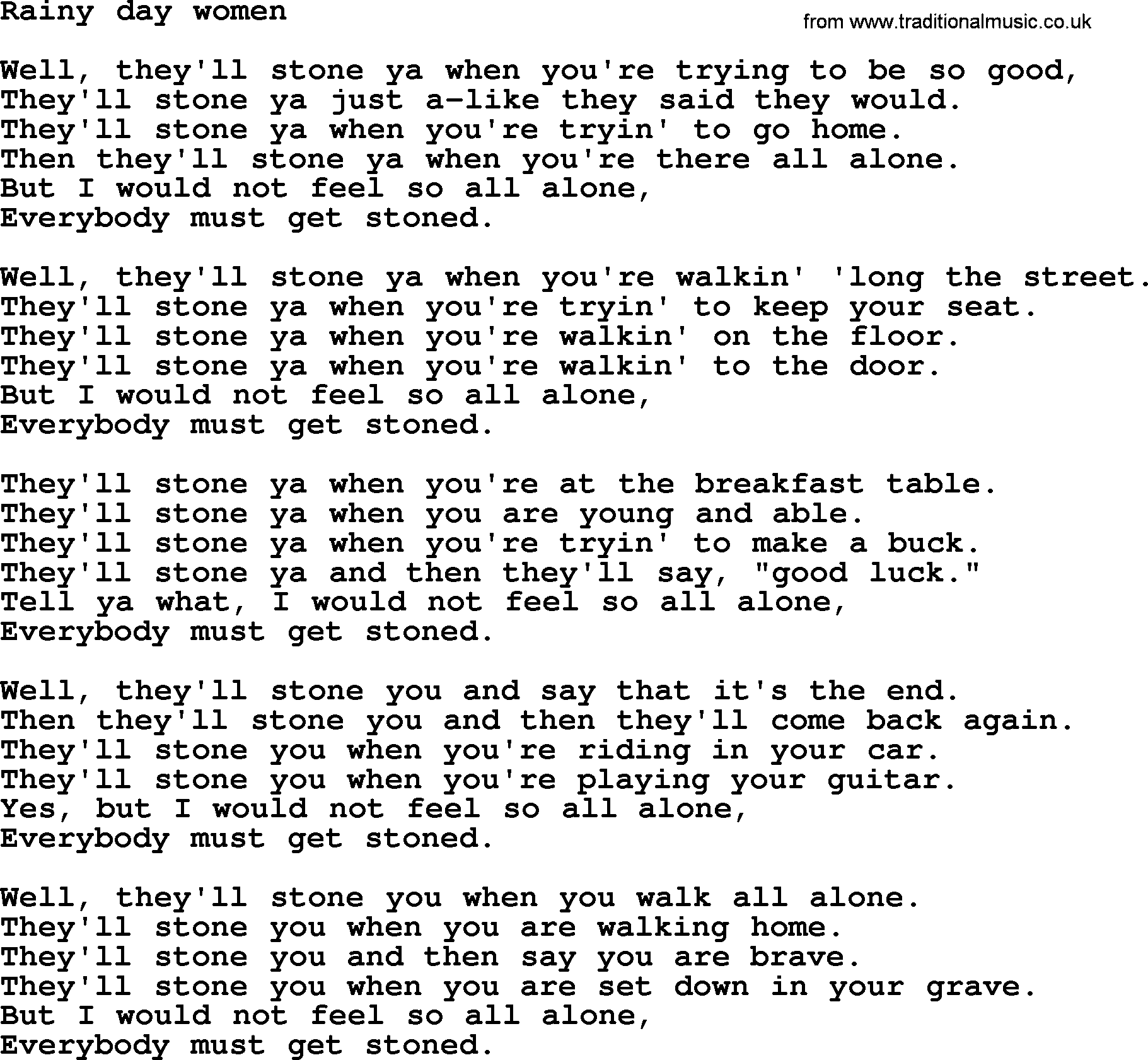 Bruce Springsteen song: Rainy Day Women lyrics