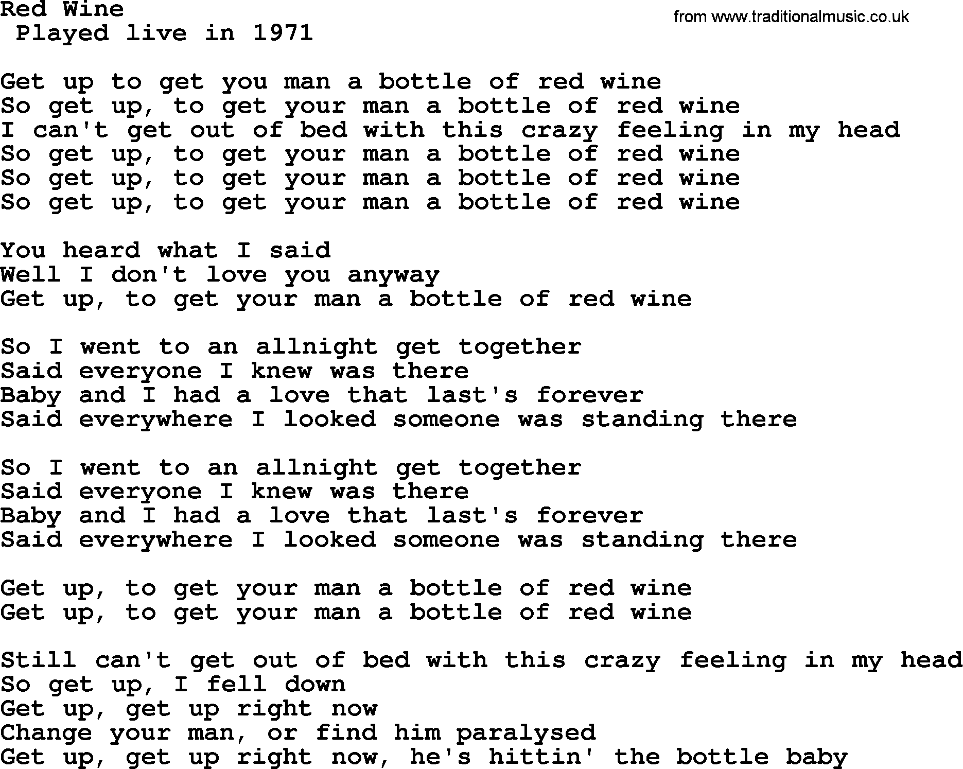 Bruce Springsteen song: Red Wine lyrics