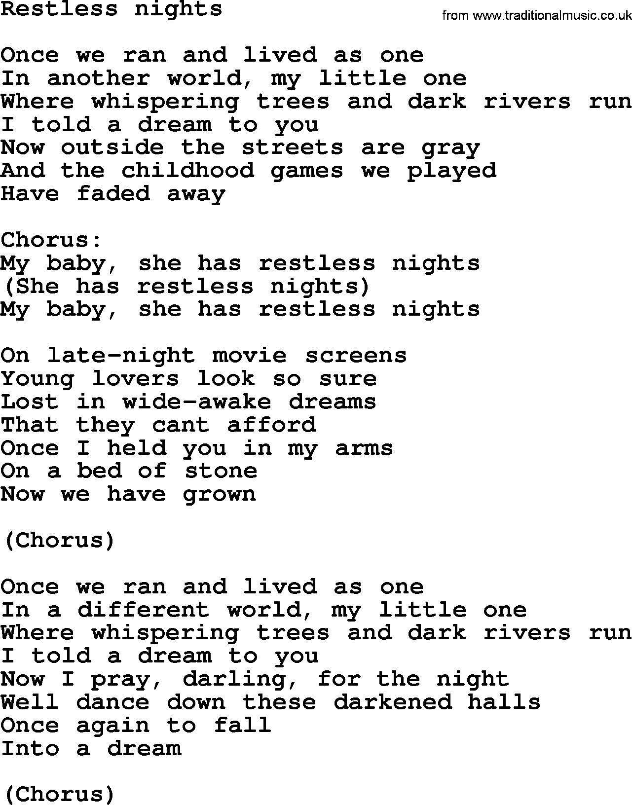 Bruce Springsteen song: Restless Nights lyrics