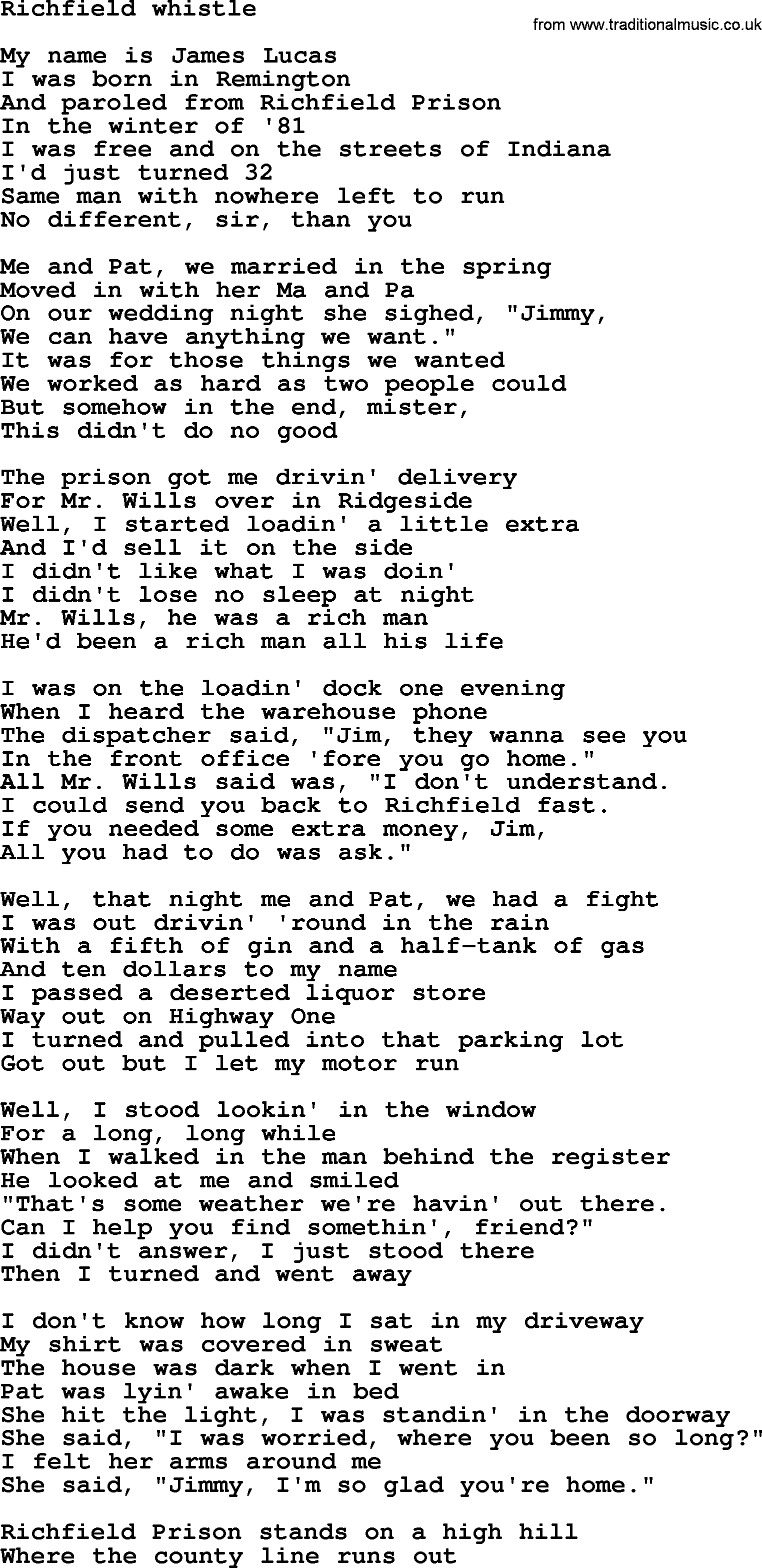 Bruce Springsteen song: Richfield Whistle lyrics
