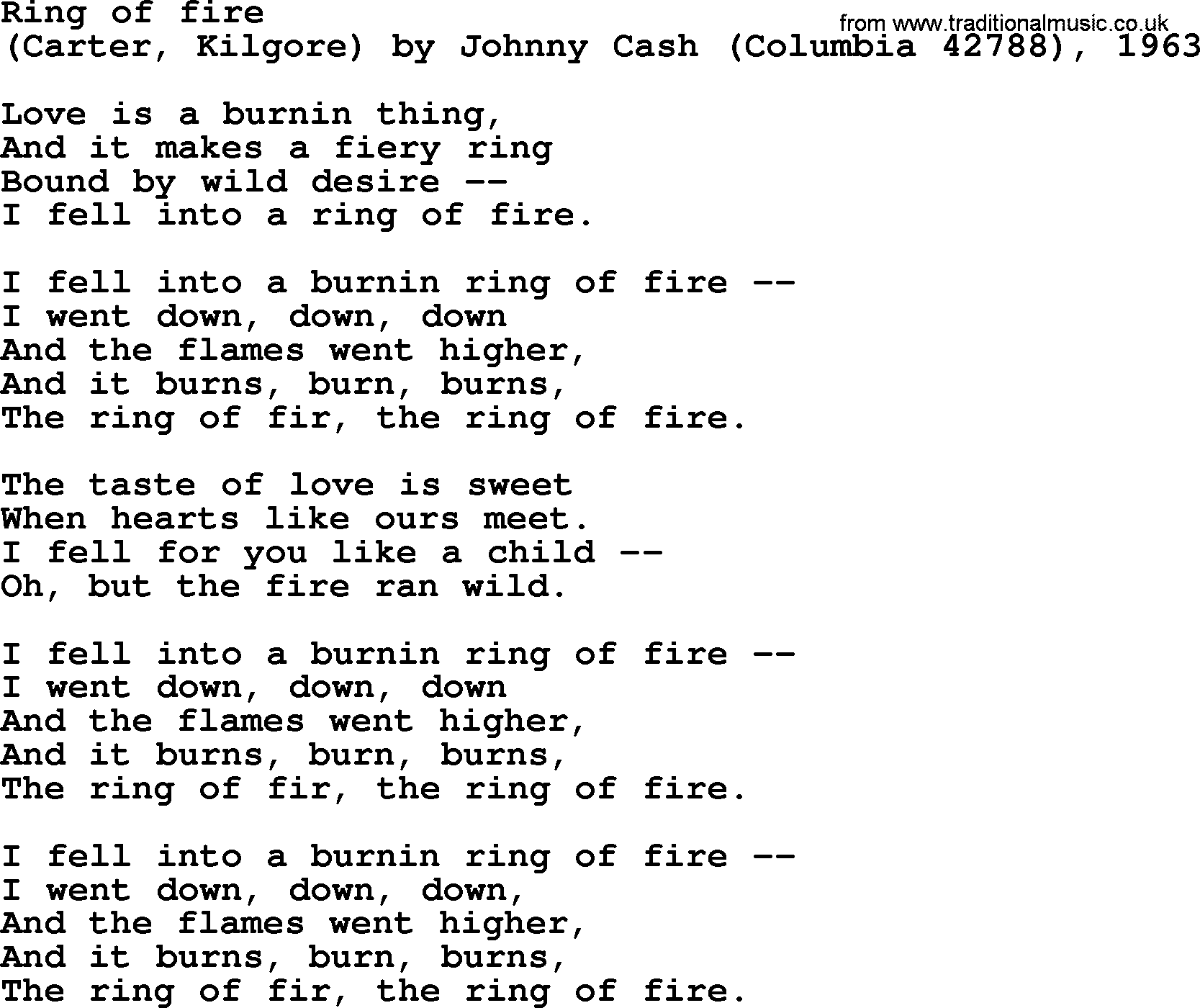 Bruce Springsteen song: Ring Of Fire lyrics
