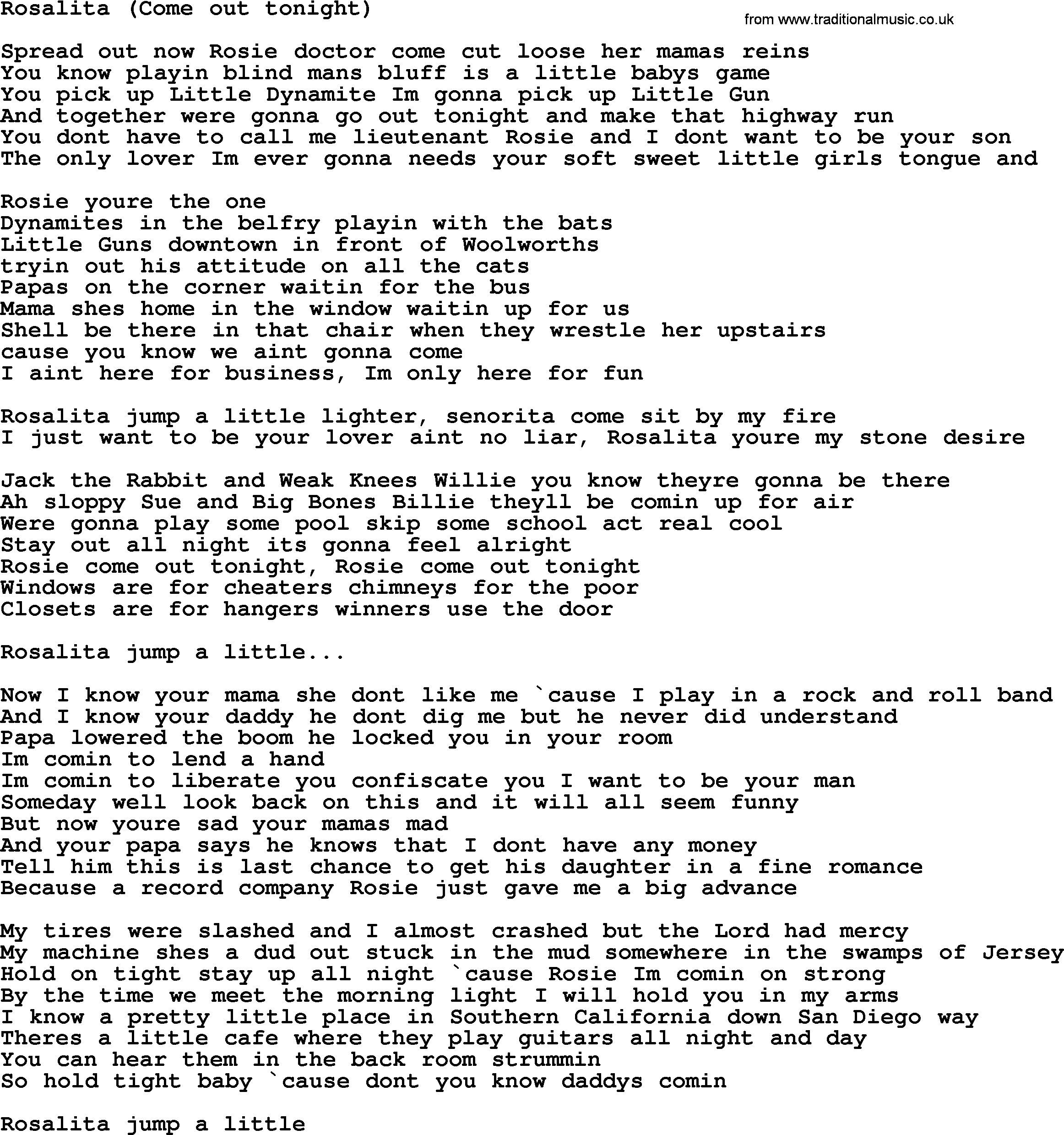 Bruce Springsteen song: Rosalita(Come Out Tonight) lyrics
