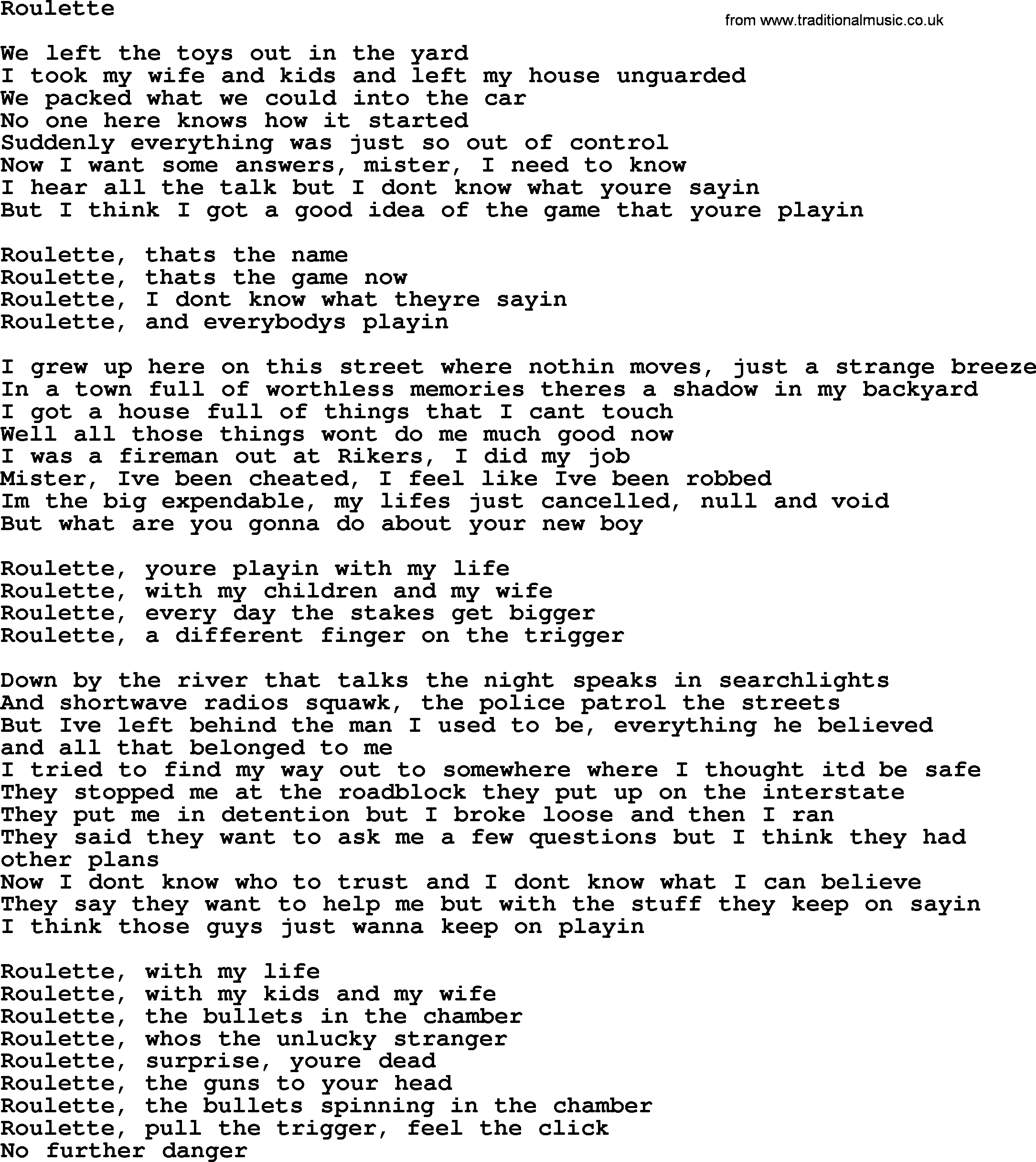 Bruce Springsteen song: Roulette lyrics