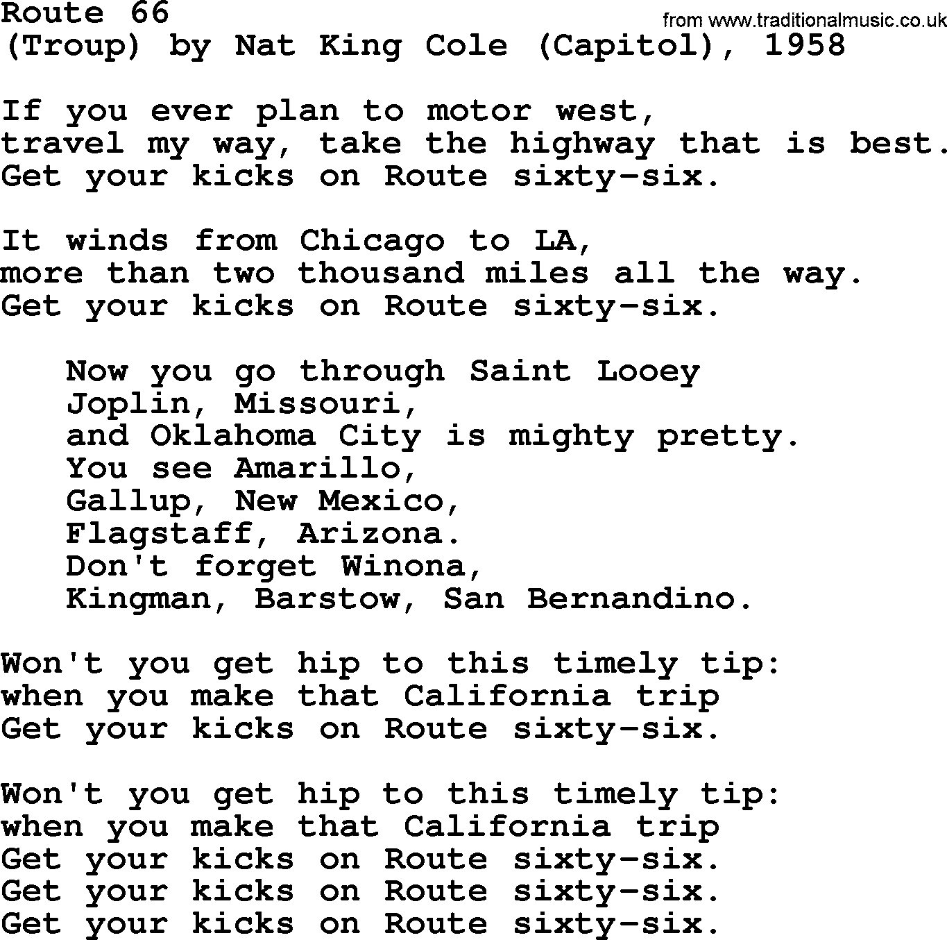 Bruce Springsteen song: Route 66 lyrics