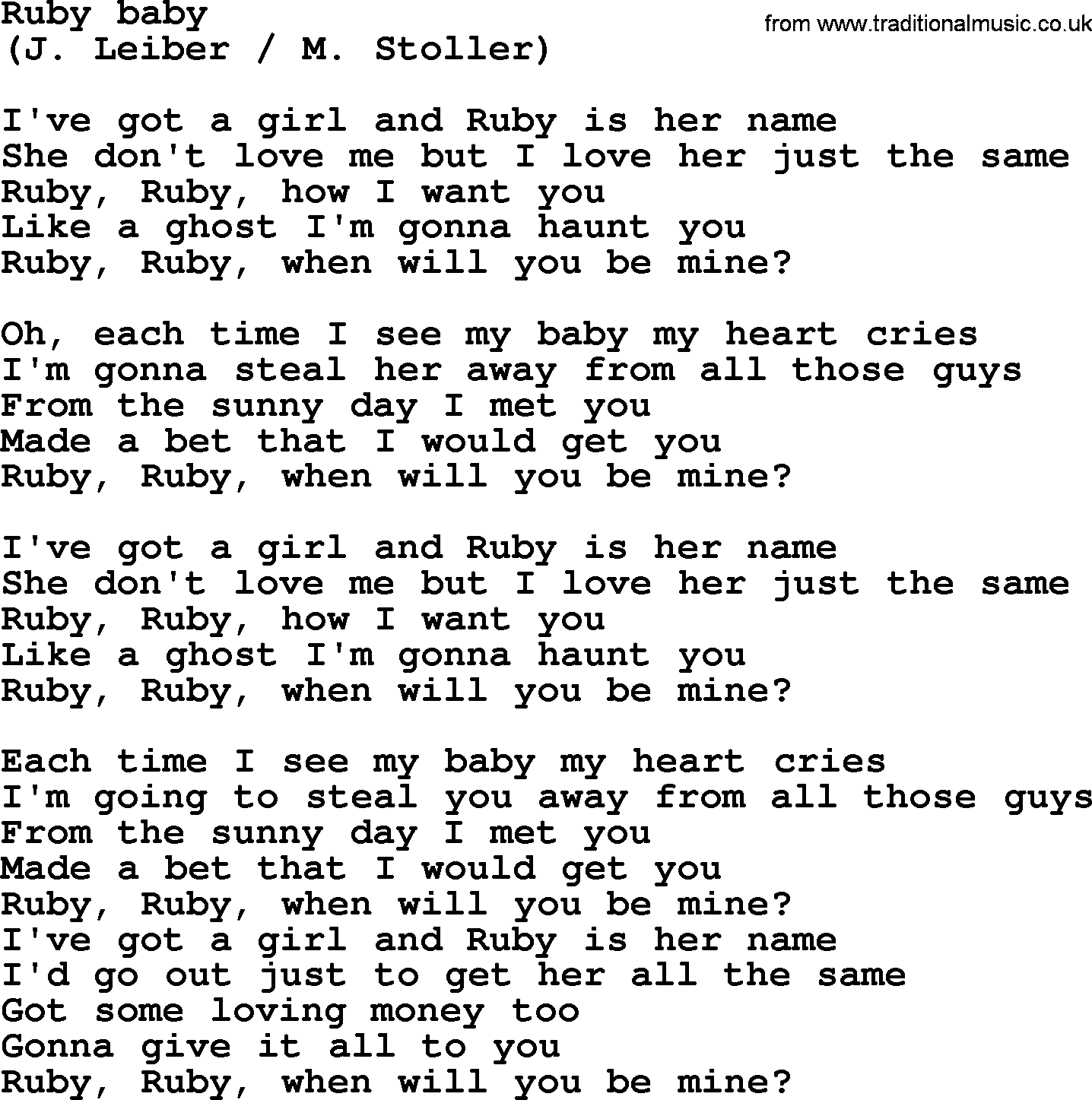 Bruce Springsteen song: Ruby Baby lyrics