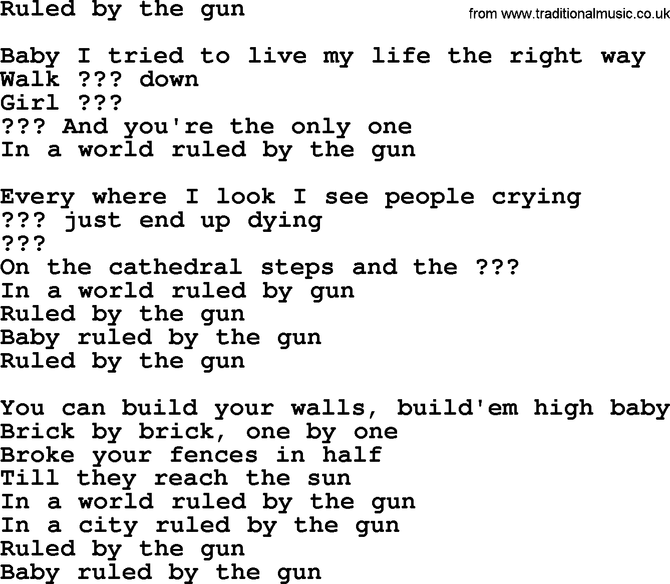 Bruce Springsteen song: Ruled By The Gun lyrics