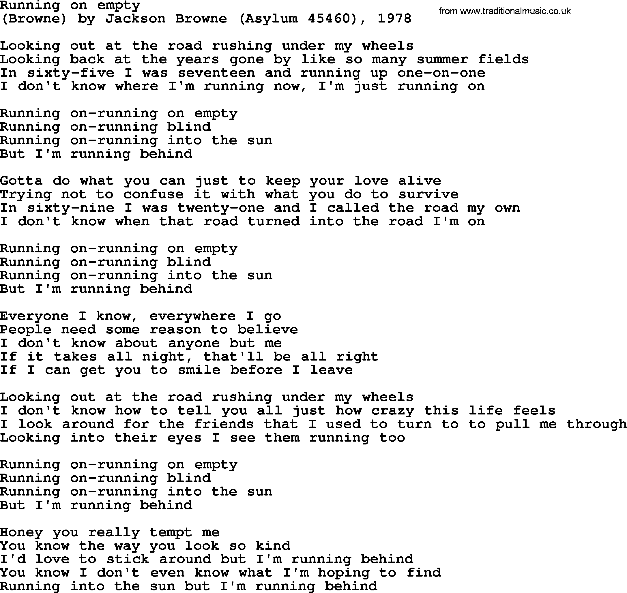 Bruce Springsteen song: Running On Empty lyrics
