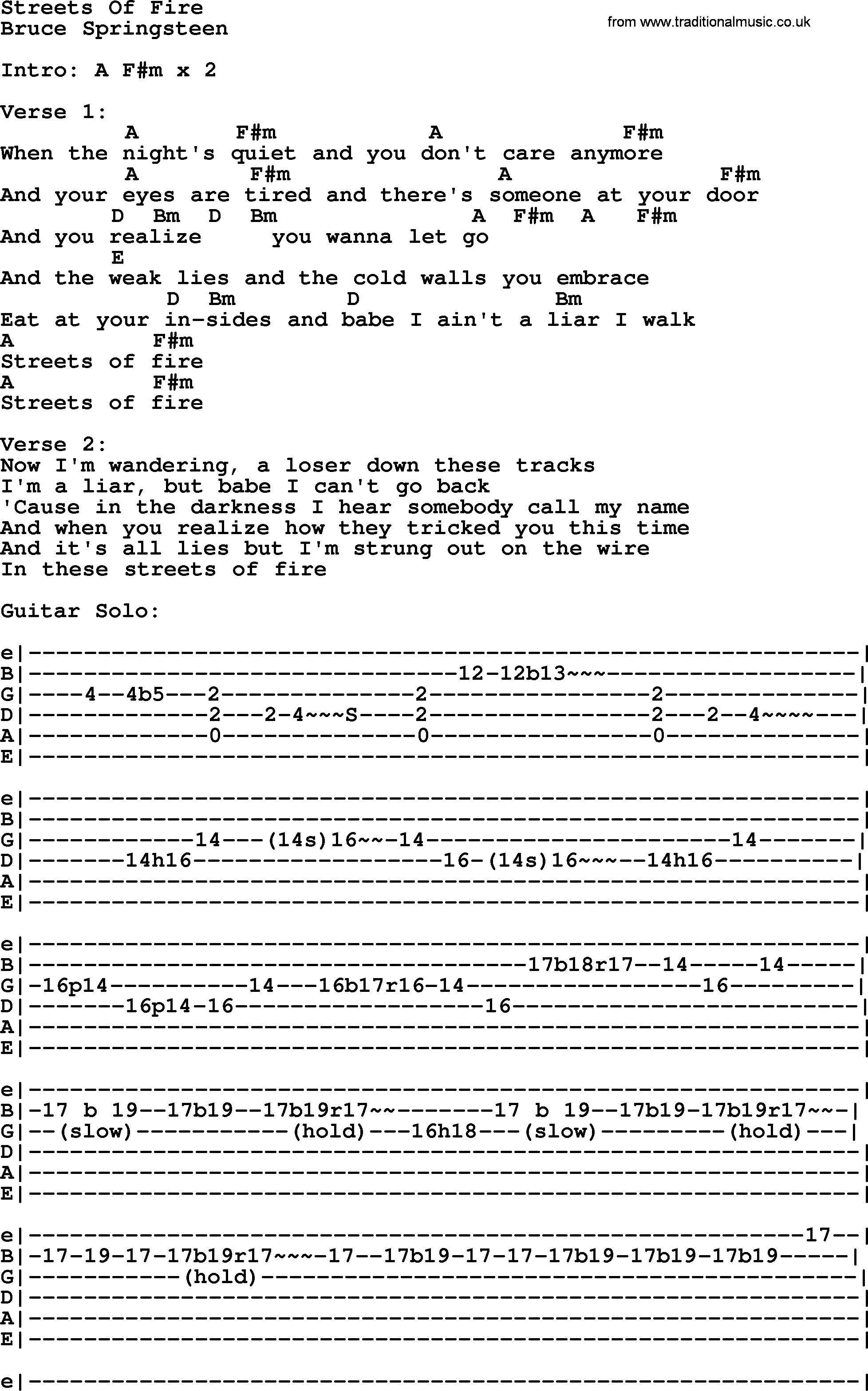 Bruce Springsteen song: Streets Of Fire, lyrics and chords