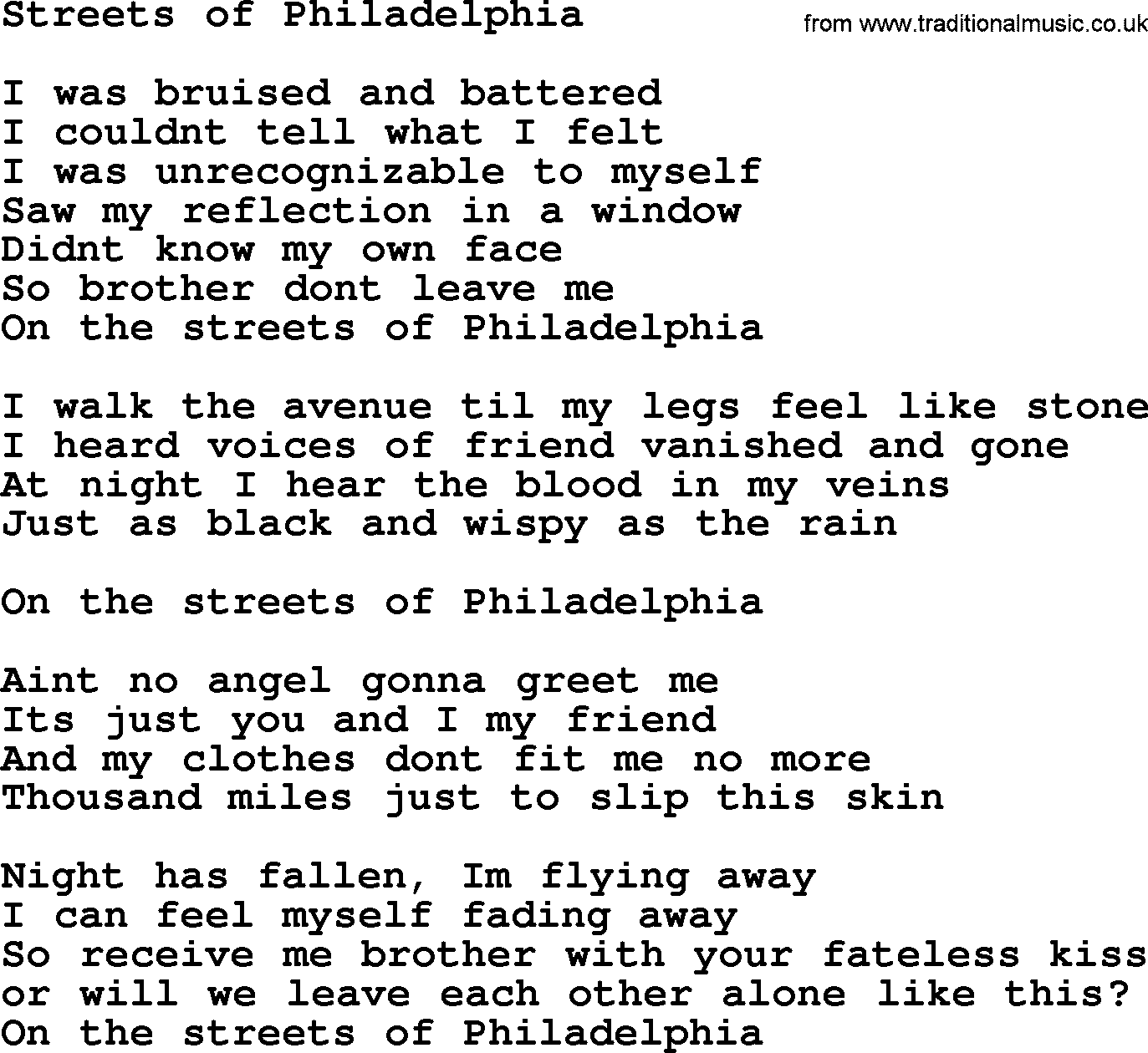 Bruce Springsteen song: Streets Of Philadelphia lyrics