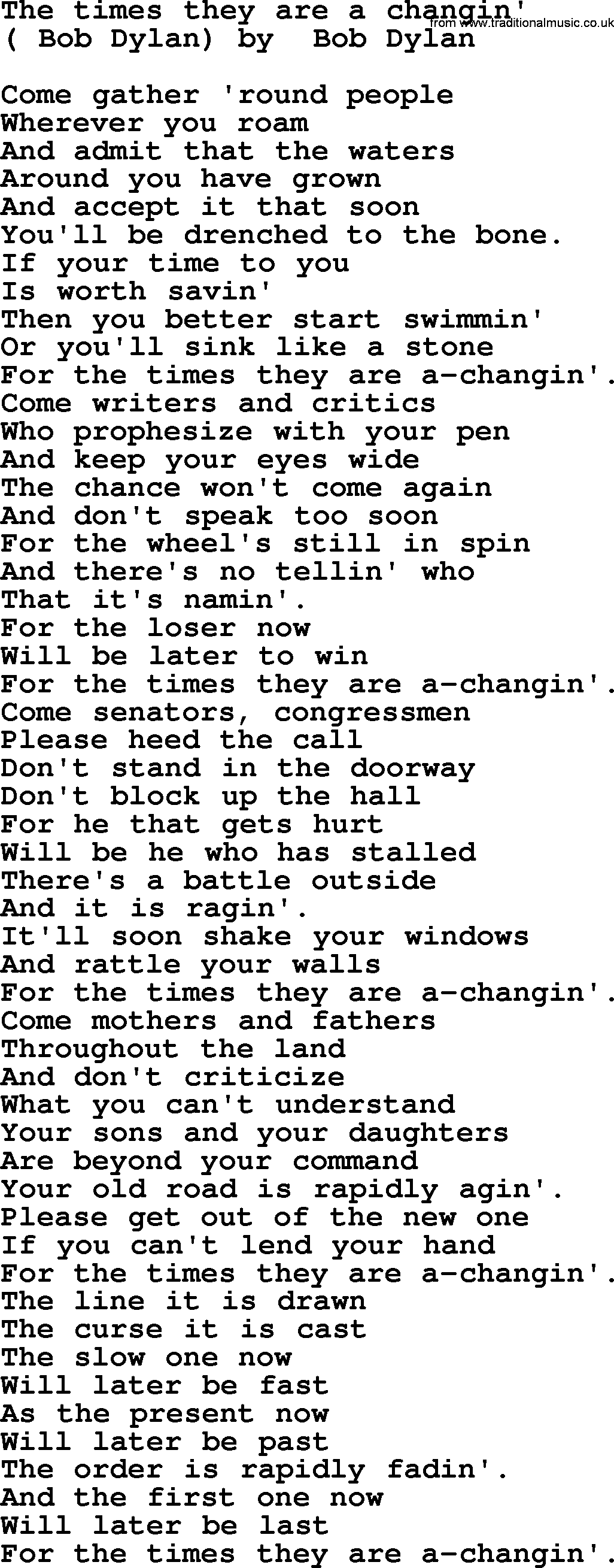 Bruce Springsteen song: The Times They Are A Changin' lyrics