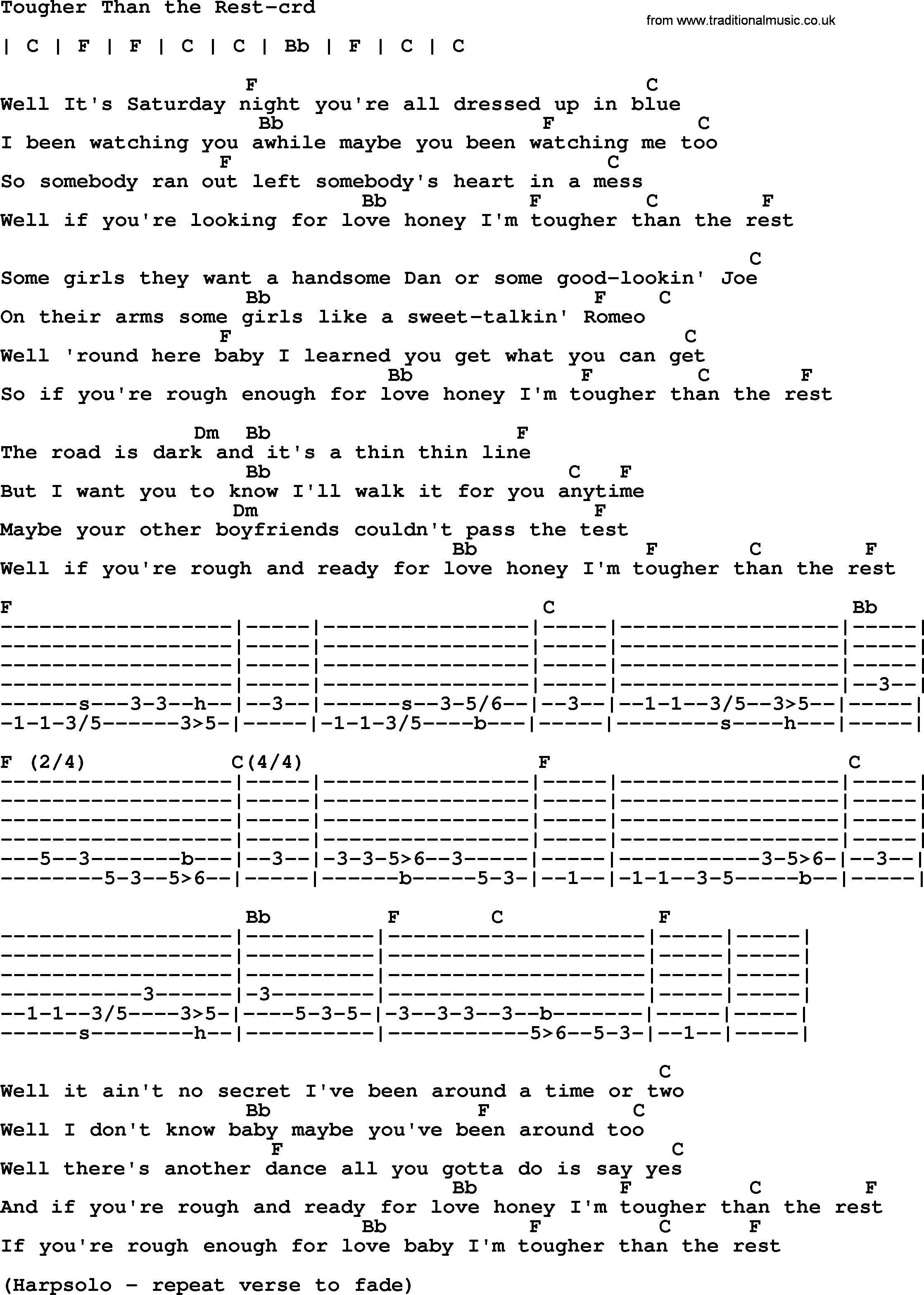 Bruce Springsteen song: Tougher Than The Rest, lyrics and chords