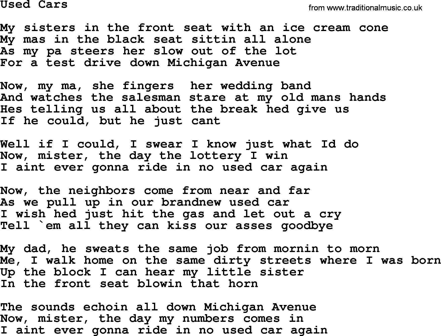 Bruce Springsteen song: Used Cars lyrics