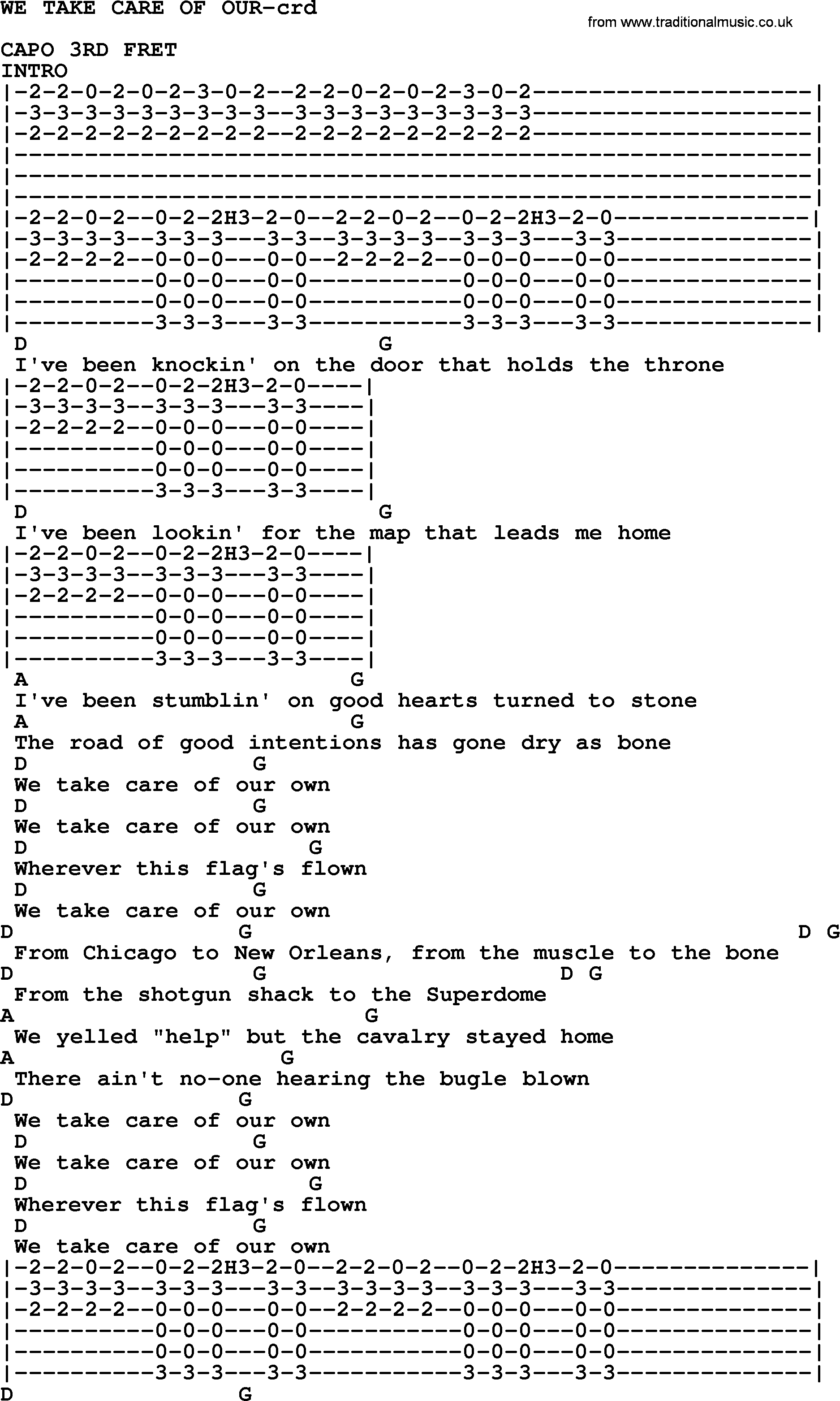 Bruce Springsteen song: We Take Care Of Our, lyrics and chords