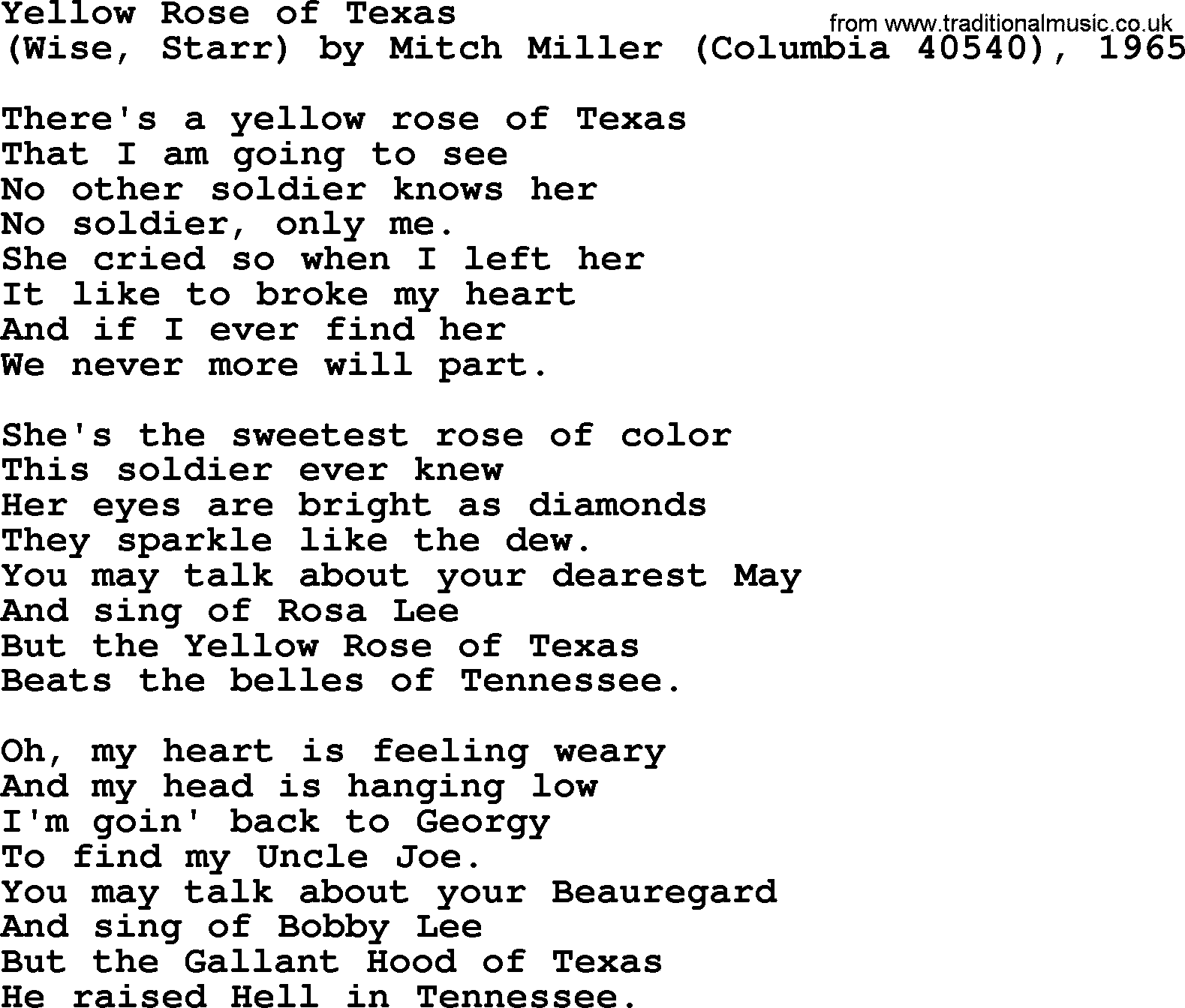 Old time song lyrics with chords for Yellow Rose Of Texas G