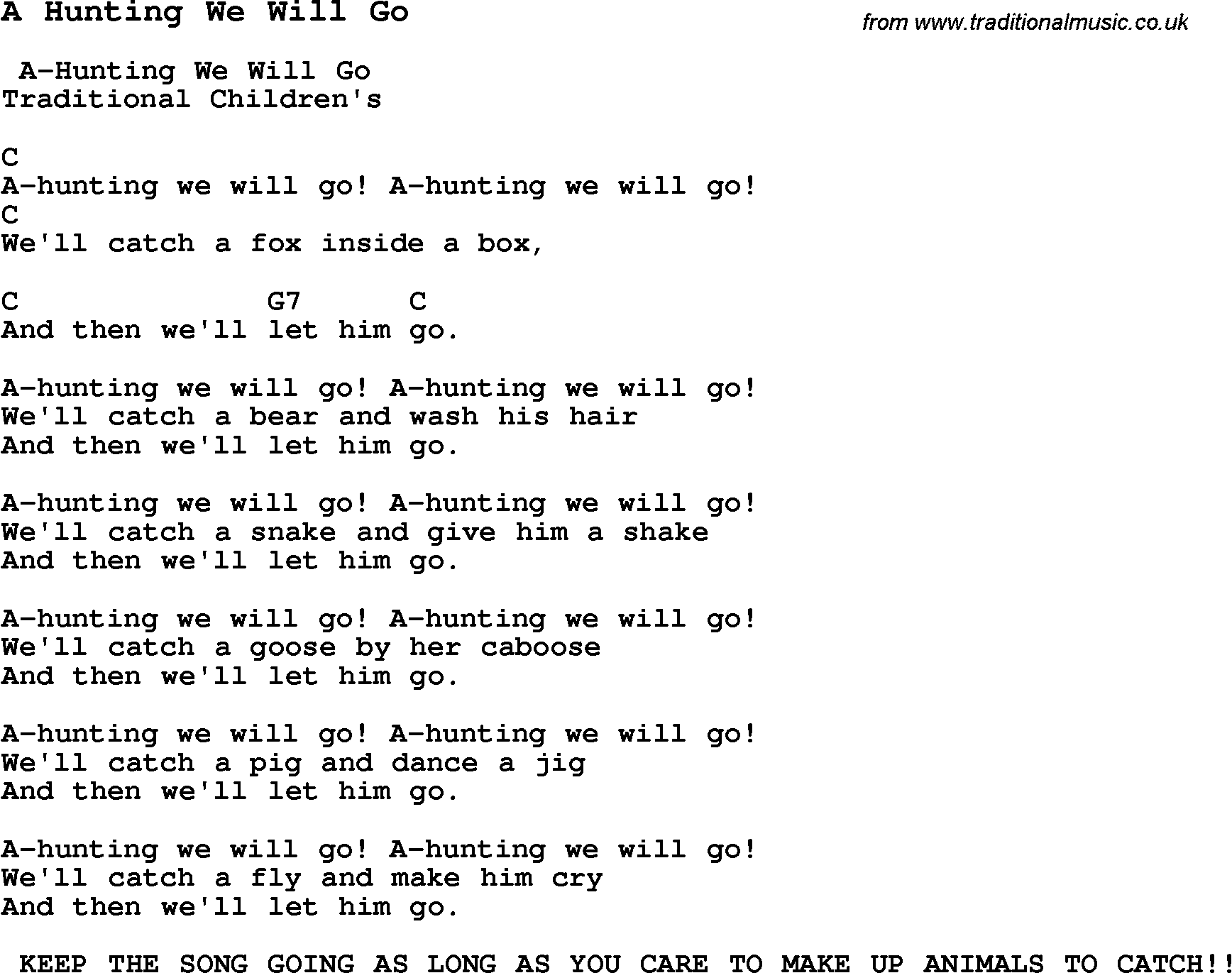 Summer-Camp Song, A Hunting We Will Go, with lyrics and chords for Ukulele, Guitar Banjo etc.