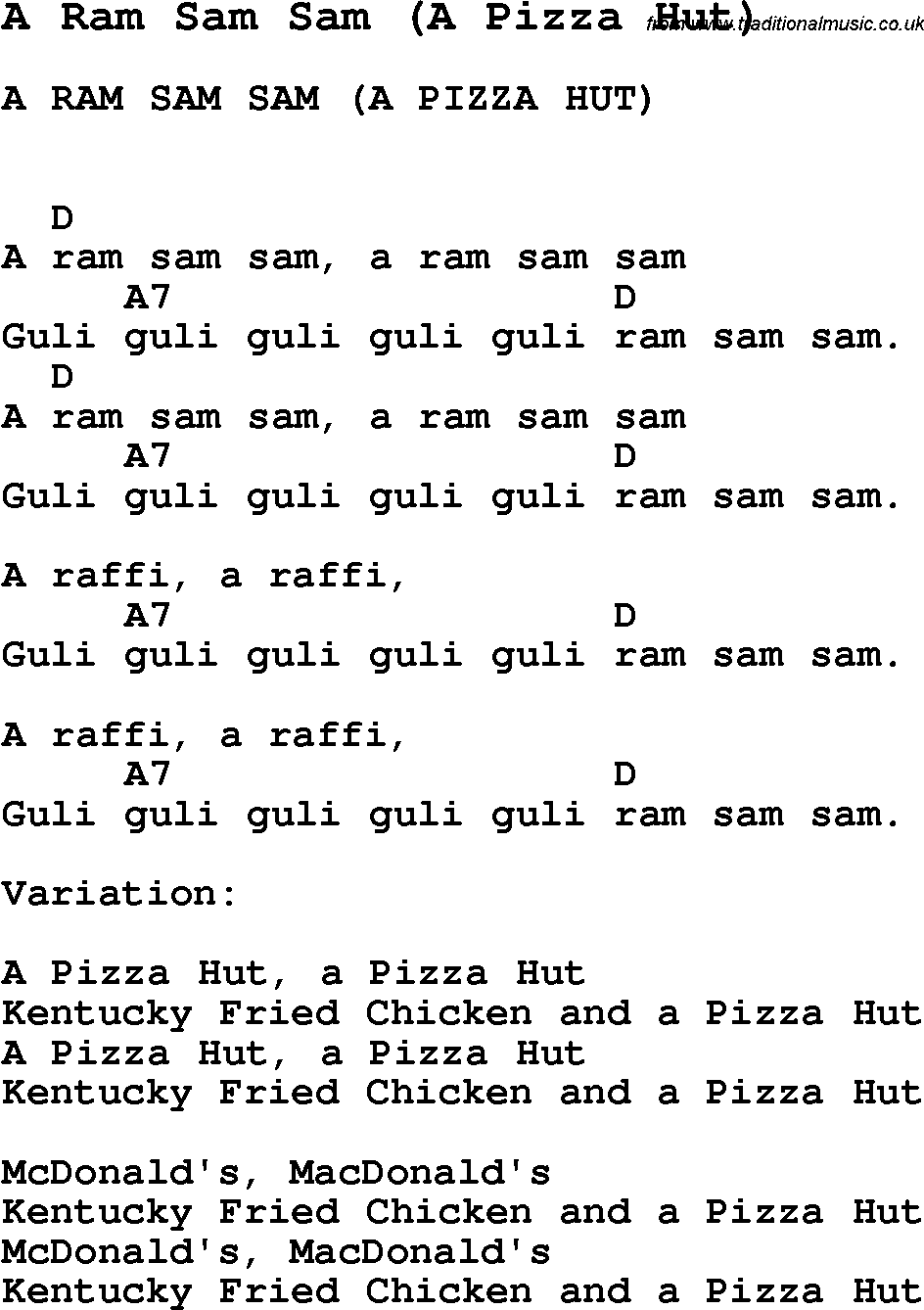 Summer-Camp Song, A Ram Sam Sam (A Pizza Hut), with lyrics and chords for Ukulele, Guitar Banjo etc.