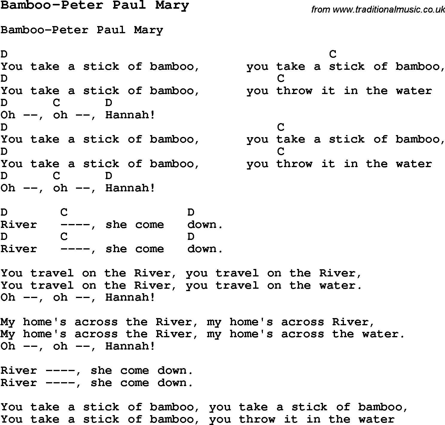 Summer-Camp Song, Bamboo-Peter Paul Mary, with lyrics and chords for Ukulele, Guitar Banjo etc.