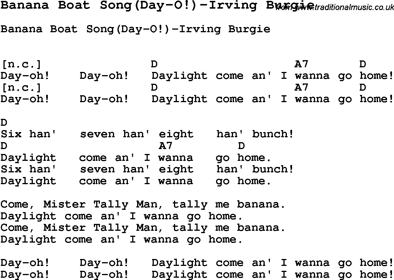 Summer-Camp Song, Banana Boat Song(Day-O!)-Irving Burgie, with lyrics and chords for Ukulele, Guitar Banjo etc.