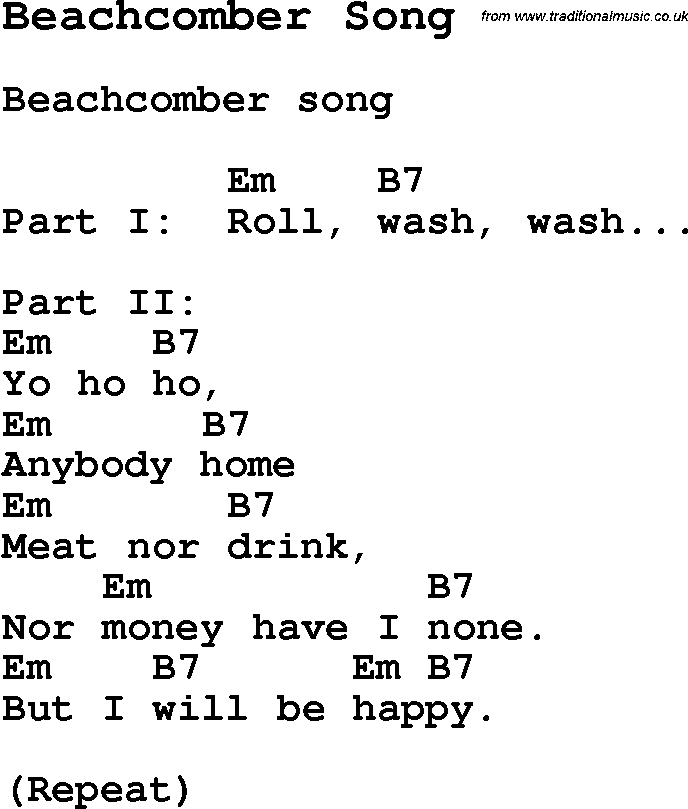 Summer-Camp Song, Beachcomber Song, with lyrics and chords for Ukulele, Guitar Banjo etc.