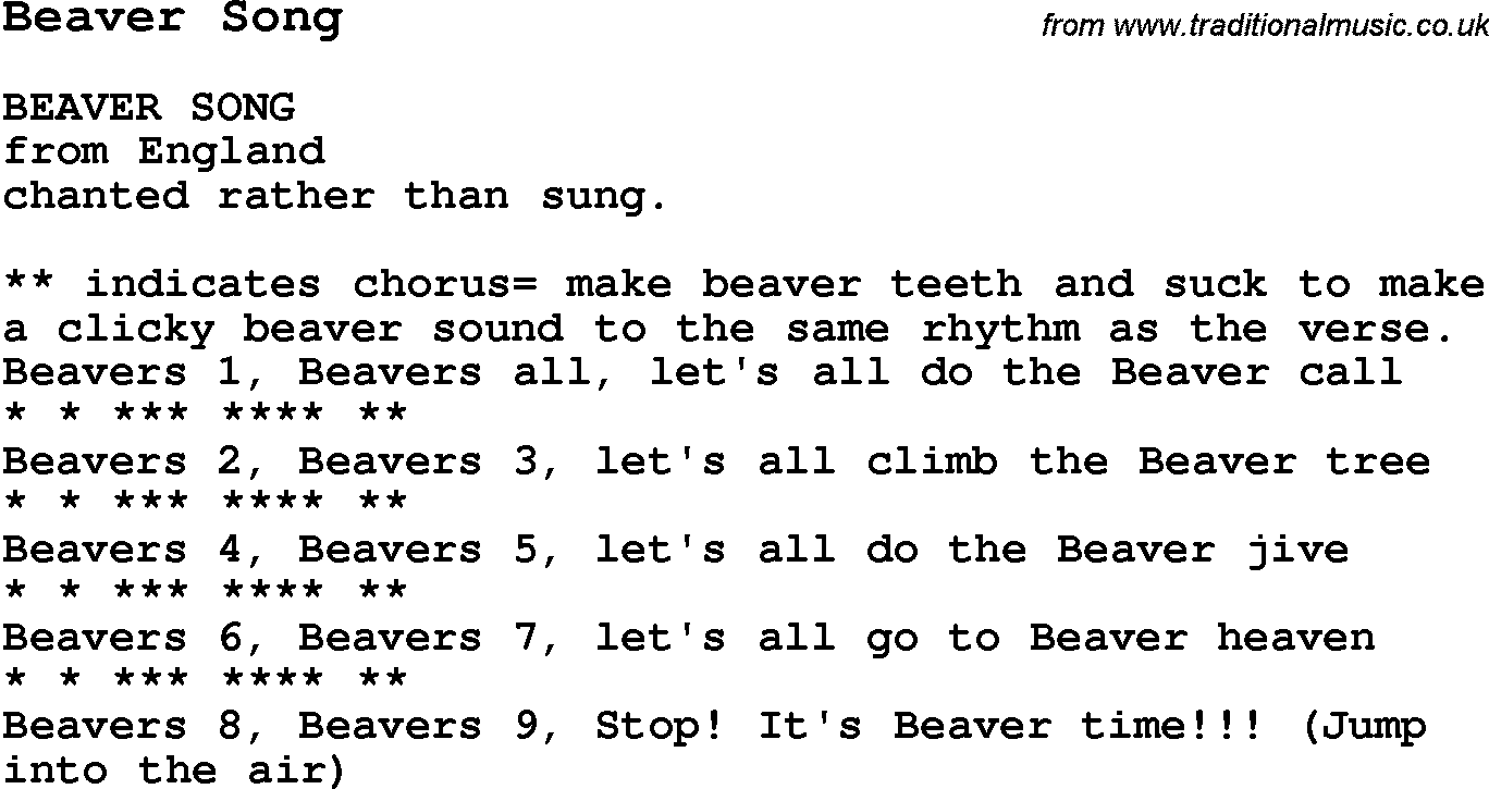 Summer Camp Song, Beaver Song, with lyrics and chords for Ukulele
